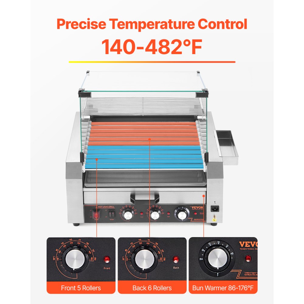 VEVOR Hot Dog Grill Machine, 30 Hot Dogs, 11 Rollers, Stainless Steel, 2400 W, Electric Grill with Bun Warmer & Cover (Glass + PC) & 3 Temperature Controls & Side Storage Box & Drip Tray