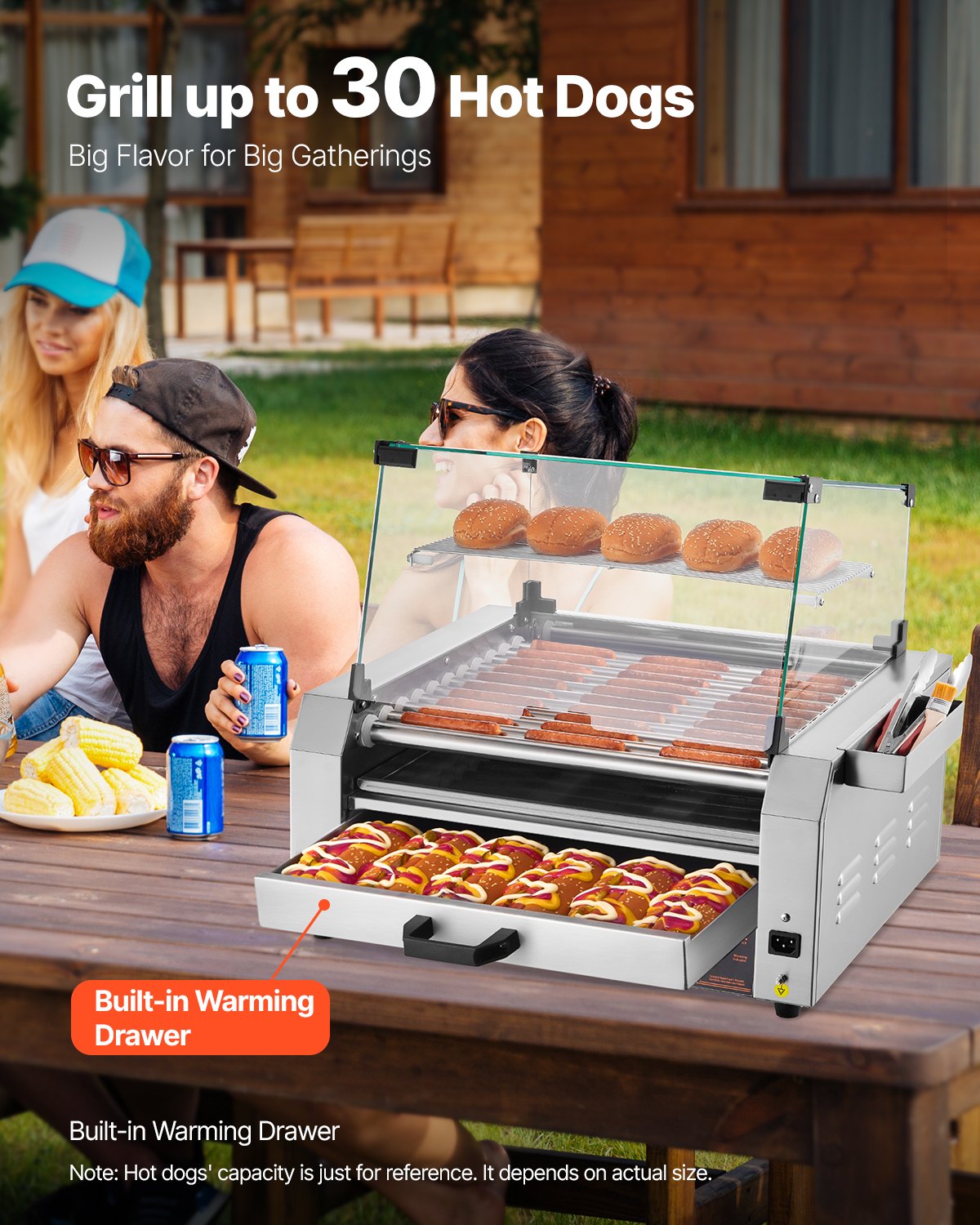 VEVOR Hot Dog Grill Machine, 30 Hot Dogs, 11 Rollers, Stainless Steel, 2400 W, Electric Grill with Bun Warmer & Cover (Glass + PC) & 3 Temperature Controls & Side Storage Box & Drip Tray