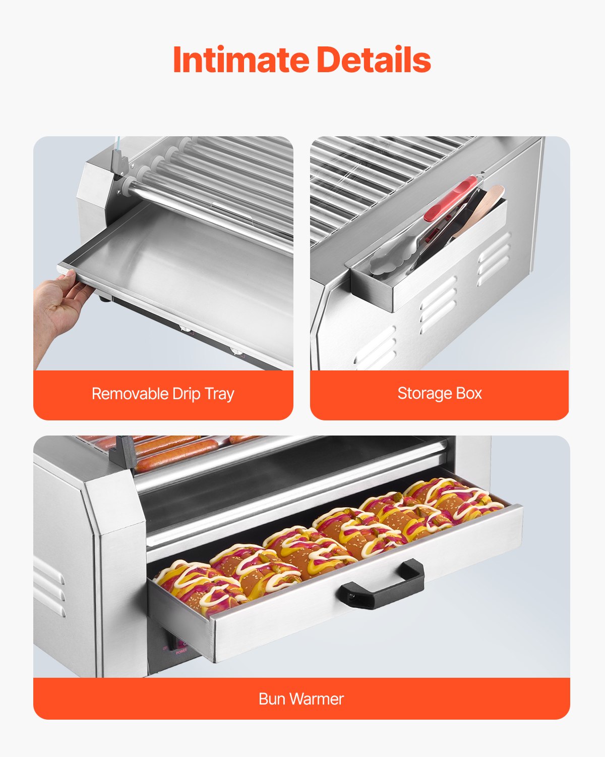 VEVOR Hot Dog Grill Machine, 30 Hot Dogs, 11 Rollers, Stainless Steel, 2400 W, Electric Grill with Bun Warmer & Cover (Glass + PC) & 3 Temperature Controls & Side Storage Box & Drip Tray