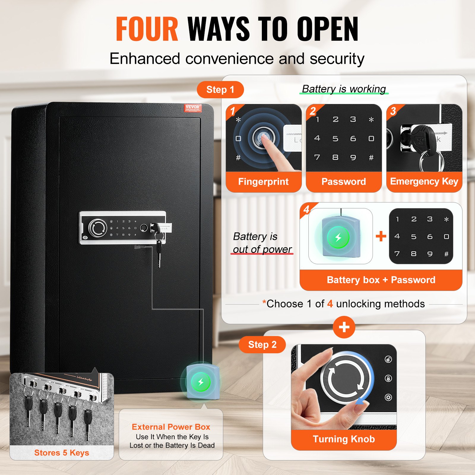 VEVOR Caja de seguridad de una puerta de 113 L con cerradura (llave, contraseña y huella dactilar), con bolsa ignífuga, porta llaves, luz LED y 2 estantes, para dinero, documentos, joyas y objetos de valor, color negro