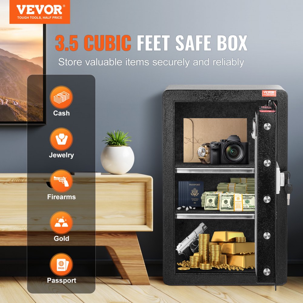 VEVOR Caja de seguridad de una puerta de 99 L con cerradura (llave y contraseña), con bolsa ignífuga, porta llaves, luz LED y 2 estantes, para dinero, documentos, joyas y objetos de valor, color negro