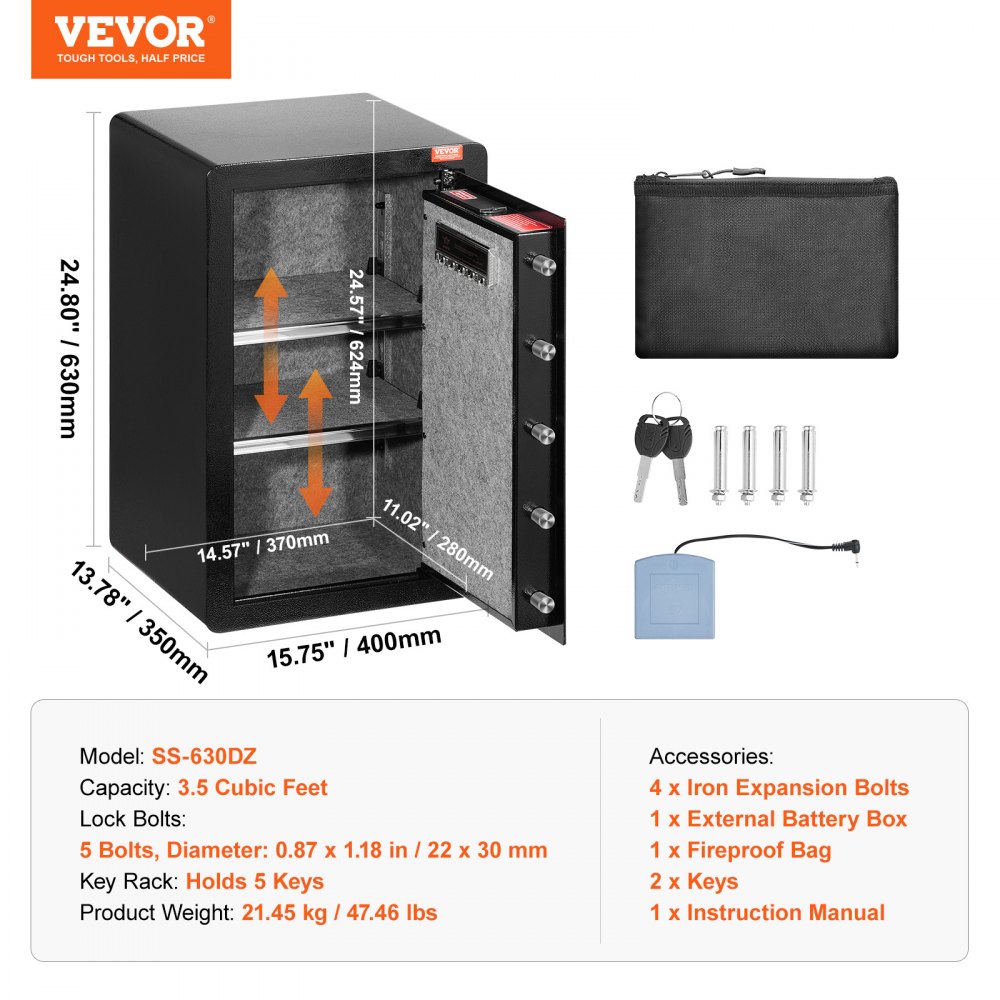 VEVOR Caja de seguridad de una puerta de 99 L con cerradura (llave y contraseña), con bolsa ignífuga, porta llaves, luz LED y 2 estantes, para dinero, documentos, joyas y objetos de valor, color negro