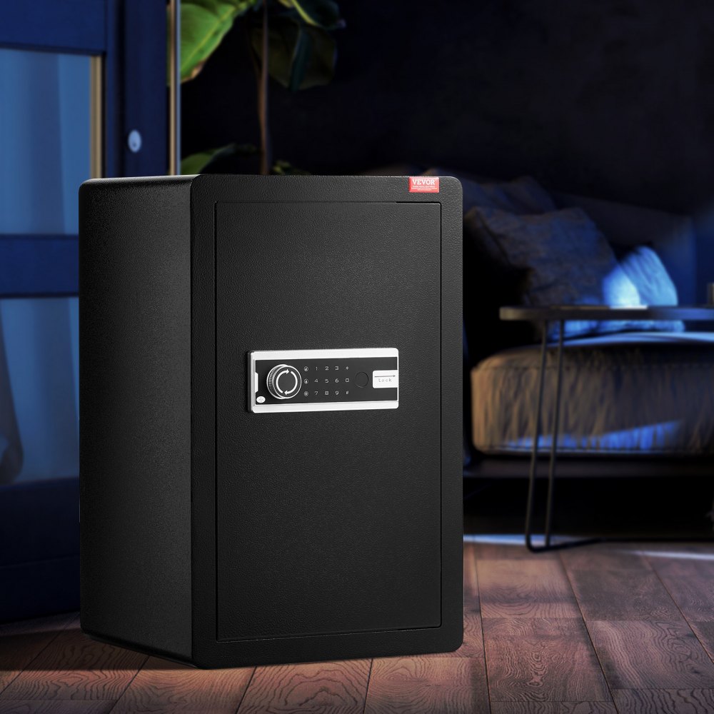 VEVOR Caja de seguridad de una puerta de 99 L con cerradura (llave y contraseña), con bolsa ignífuga, porta llaves, luz LED y 2 estantes, para dinero, documentos, joyas y objetos de valor, color negro