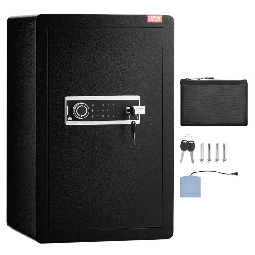 VEVOR Caja de seguridad de una puerta de 99 L con cerradura (llave y contraseña), con bolsa ignífuga, porta llaves, luz LED y 2 estantes, para dinero, documentos, joyas y objetos de valor, color negro