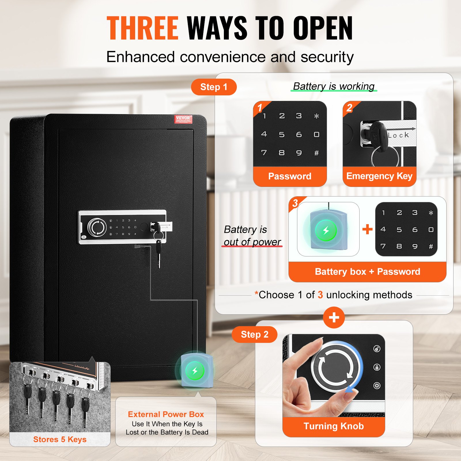 VEVOR Caja de seguridad de una puerta de 99 L con cerradura (llave y contraseña), con bolsa ignífuga, porta llaves, luz LED y 2 estantes, para dinero, documentos, joyas y objetos de valor, color negro