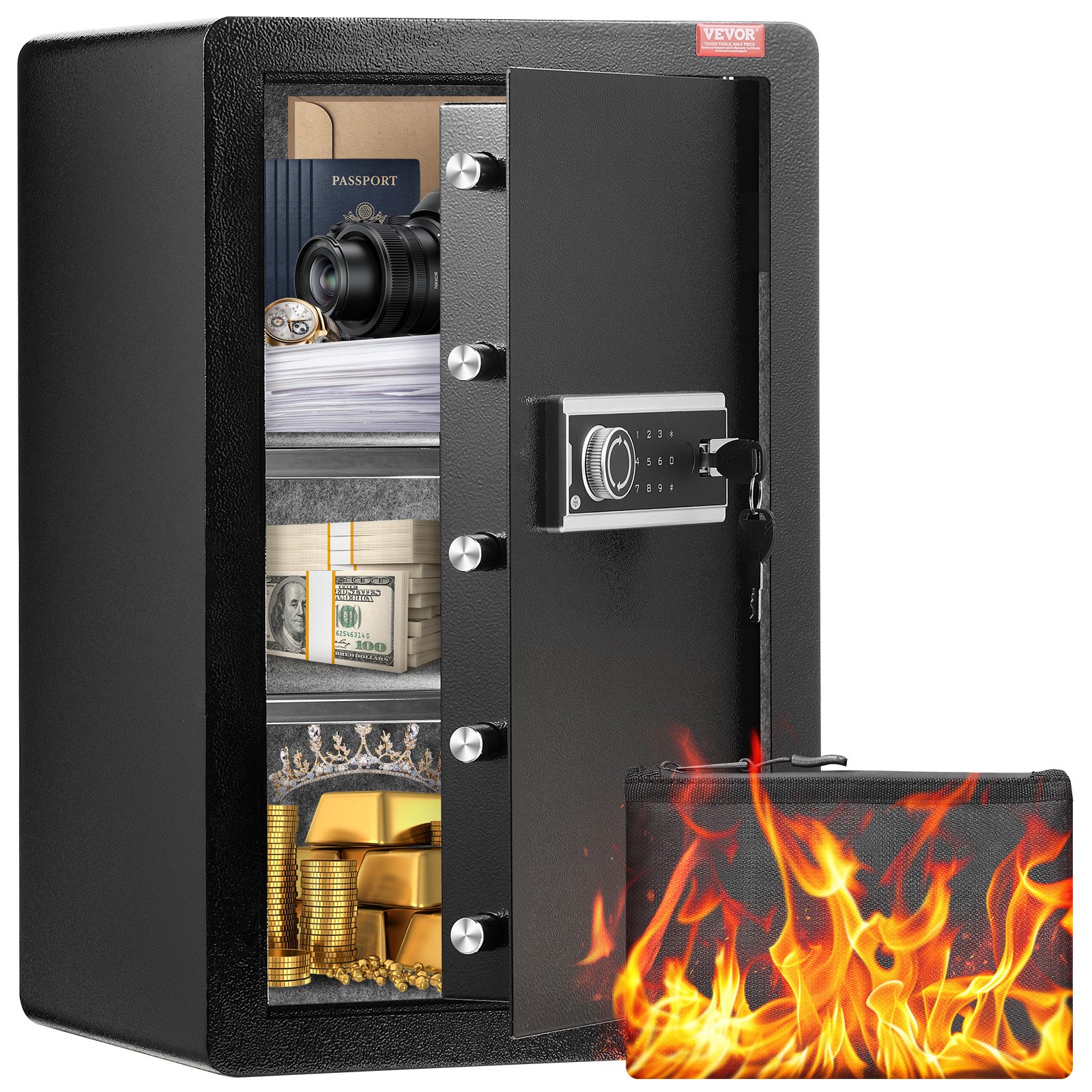 VEVOR Caja de seguridad de una puerta de 99 L con cerradura (llave y contraseña), con bolsa ignífuga, porta llaves, luz LED y 2 estantes, para dinero, documentos, joyas y objetos de valor, color negro