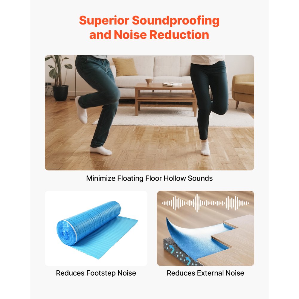 VEVOR Floor Underlayment 18.6 m²/Roll, 3-in-1 3 mm Thick Flooring Padding with Tape & Vapor Barrier, Heavy Duty EPE Foam with Blue PE, Soundproofing and Noise Reduction, Ideal for Laminate Wood