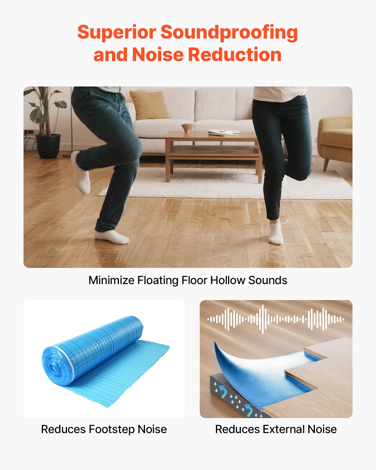 VEVOR Floor Underlayment 18.6 m²/Roll, 3-in-1 3 mm Thick Flooring Padding with Tape & Vapor Barrier, Heavy Duty EPE Foam with Blue PE, Soundproofing and Noise Reduction, Ideal for Laminate Wood