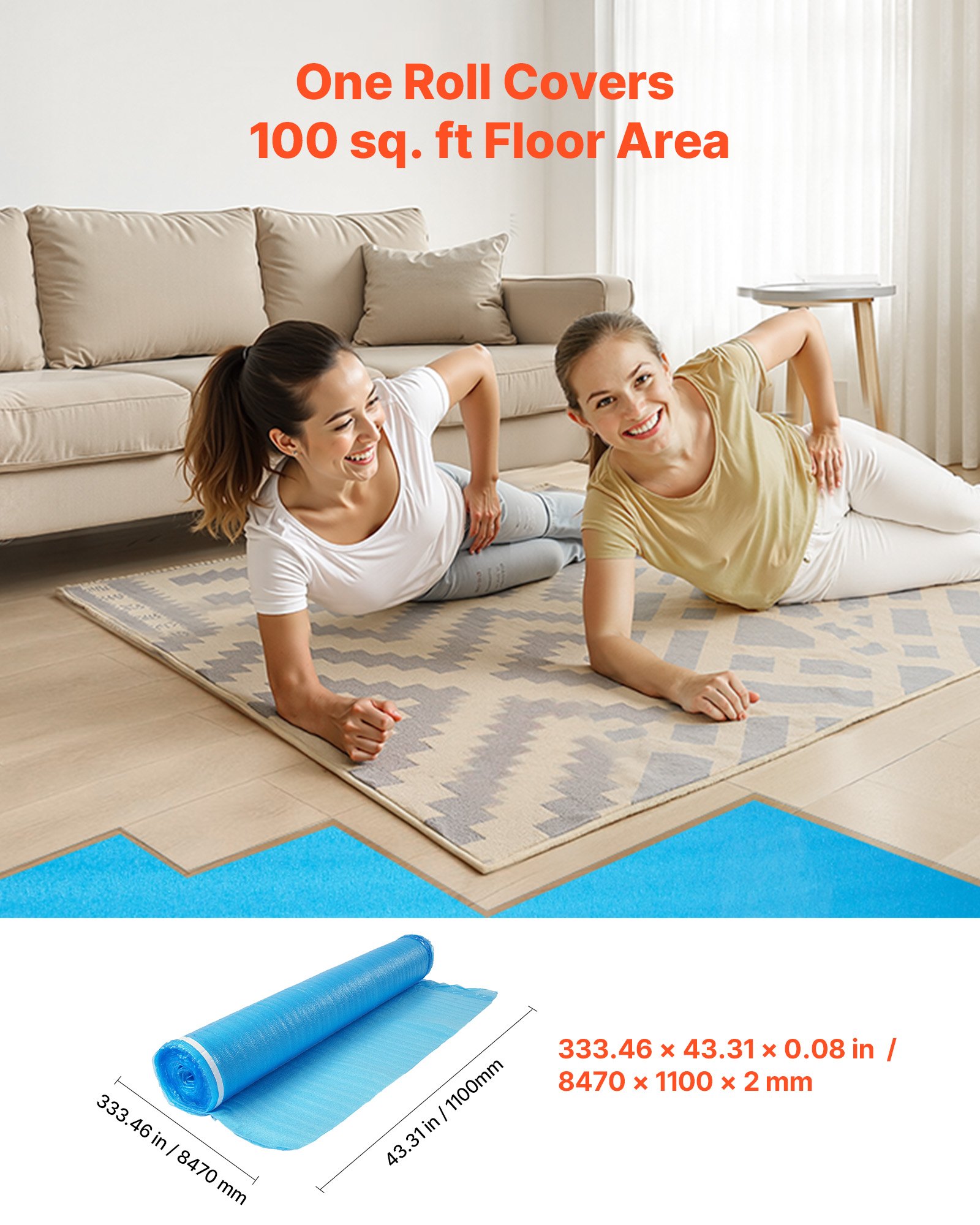 VEVOR Base para Suelos de 27,9 m², 3 en 1, con Cinta y Barrera de Vapor, Espuma EPE Resistente con PE Azul, Insonorizante y Antirruido, para Madera Laminada 3 Rollos x 9,3 m², 8470 x 1100 x 2 mm