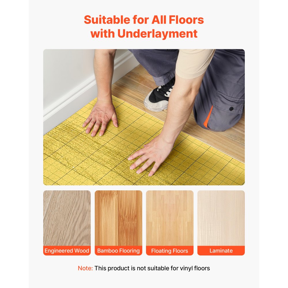 VEVOR Base para Suelo 18,6 m²/Rollo, con Cinta Adhesiva y Barrera de Vapor, Espuma EPE Alta Resistencia con PE, Insonorizante y Reductor de Ruido, para Suelos Laminados de Madera, Color Dorado