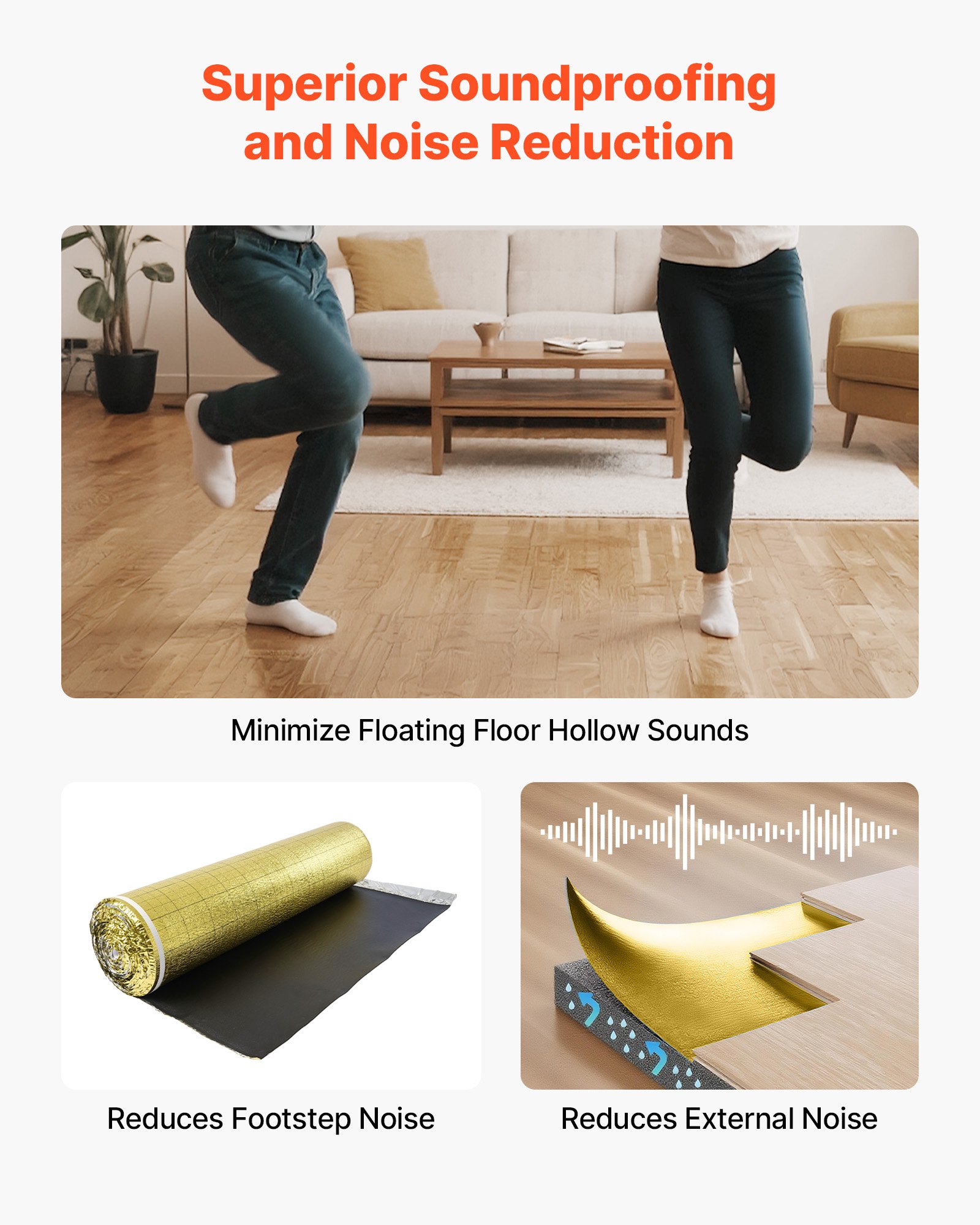 VEVOR Floor Underlayment 18.6 m²/Roll, 3 mm Thick Flooring Padding with Tape & Vapor Barrier, Heavy Duty EPE Foam with Gold PE, Soundproofing and Noise Reduction, Ideal for Laminate Wood Floors