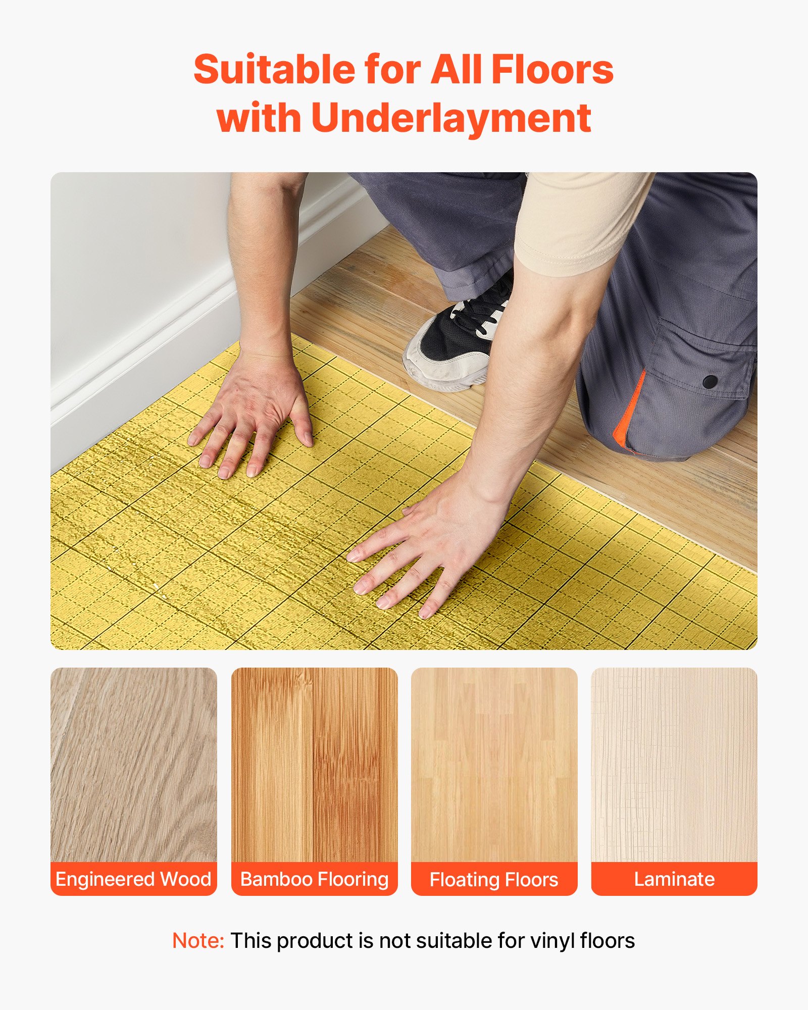 VEVOR Base para Suelo 18,6 m²/Rollo, con Cinta Adhesiva y Barrera de Vapor, Espuma EPE Alta Resistencia con PE, Insonorizante y Reductor de Ruido, para Suelos Laminados de Madera, Color Dorado