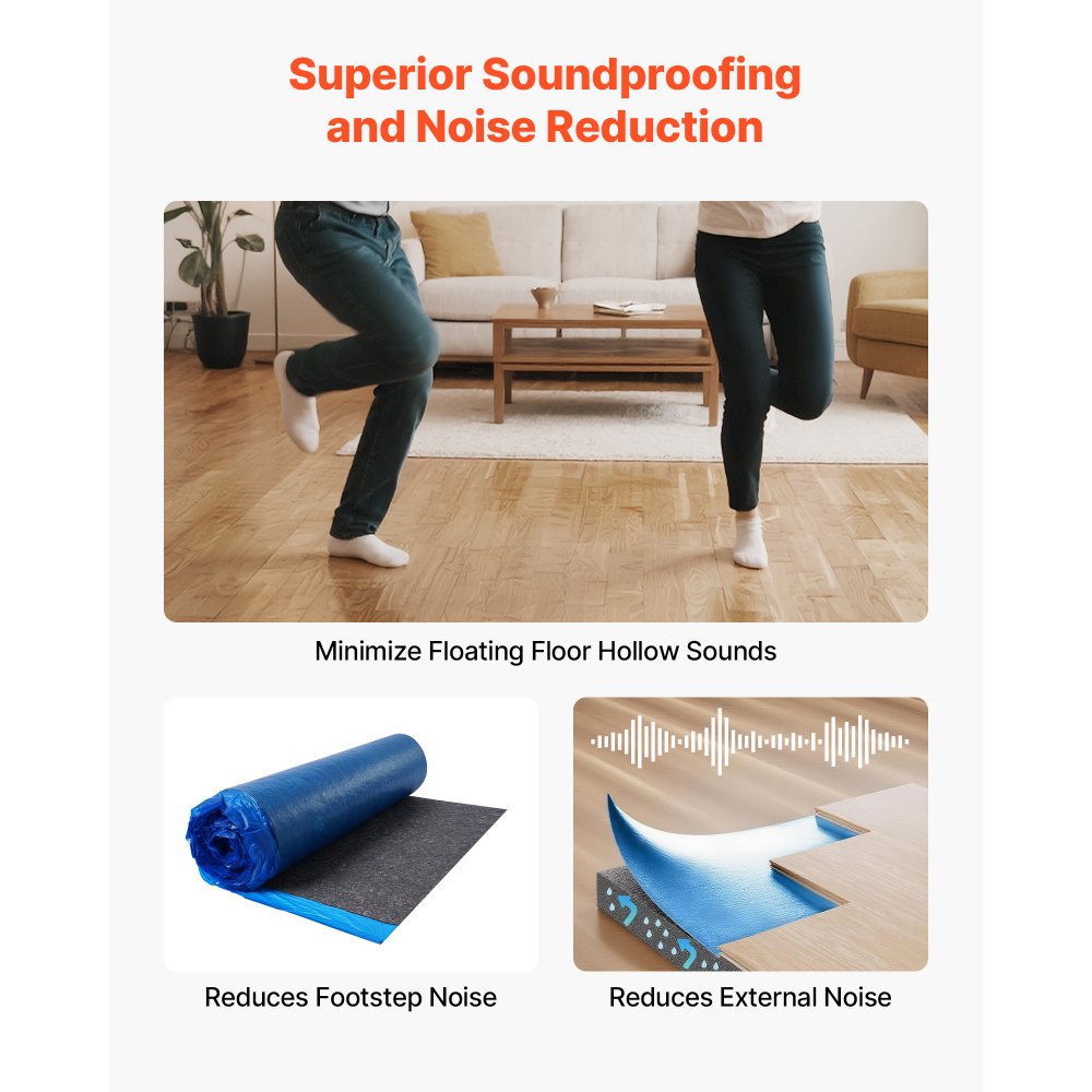 VEVOR Floor Underlayment 18.6 m²/Roll, 3 mm Thick Laminate Flooring Padding with Attached Vapor Barrier, Heavy Duty Fiber + PE Film, Soundproofing & Noise Reduction, Ideal for Vinyl Wood Flooring