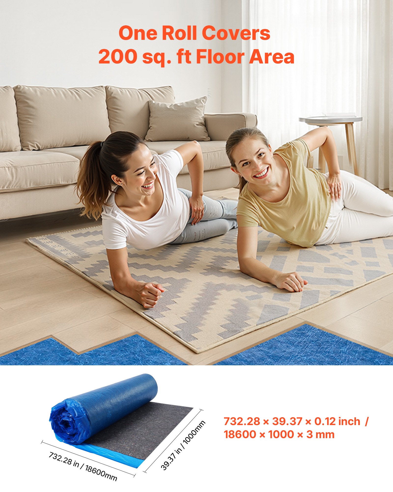 VEVOR Base para Suelo de 37,2 m², Relleno de 3 mm para Suelo Laminado con Barrera de Vapor, Película de Fibra y PE de Alta Resistencia, Insonorizante y Antirruido para Suelos de Vinilo y Madera