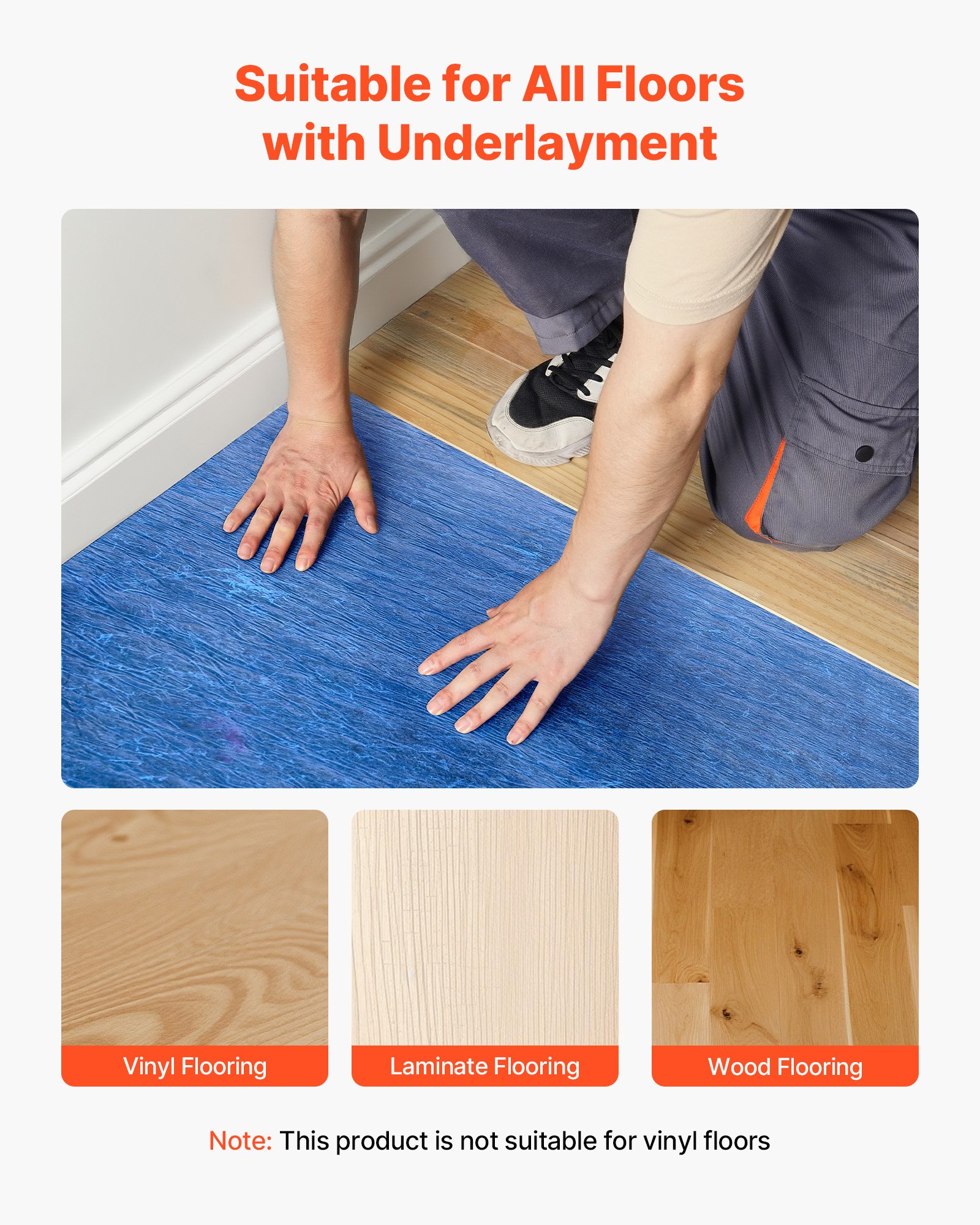 VEVOR Base para Suelo de 37,2 m², Relleno de 3 mm para Suelo Laminado con Barrera de Vapor, Película de Fibra y PE de Alta Resistencia, Insonorizante y Antirruido para Suelos de Vinilo y Madera
