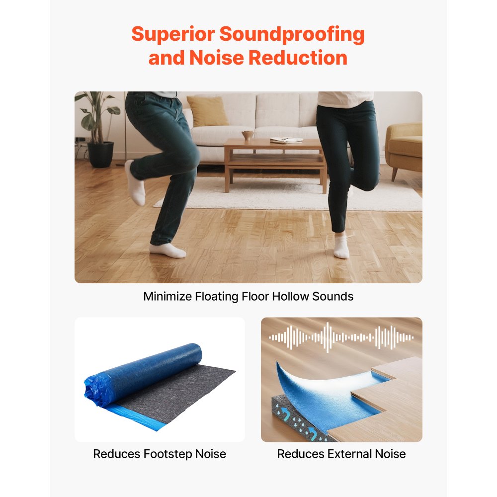 VEVOR Floor Underlayment 9.3 m²/Roll, 3 mm Thick Laminate Flooring Padding with Attached Vapor Barrier, Heavy Duty Fiber + PE Film, Soundproofing & Noise Reduction, Ideal for Vinyl Wood Flooring