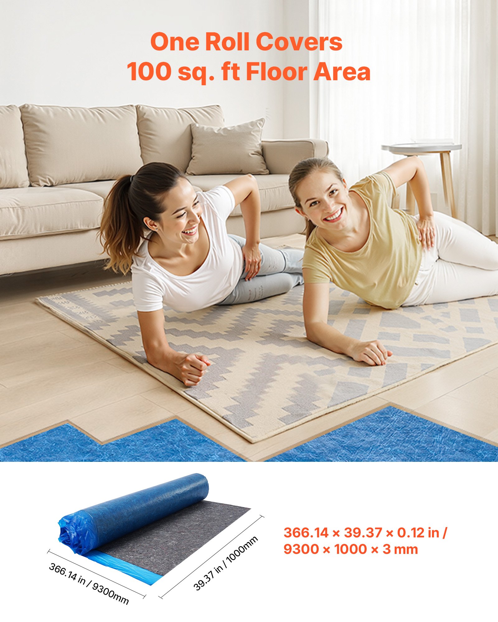 VEVOR Base para Suelo Laminado 9,3 m², con Barrera de Vapor Integrada, Película de Fibra y PE de Alta Resistencia, Insonorizante y Antirruido, para Suelos de Madera y Vinilo, 9300 x 1000 x 3 mm