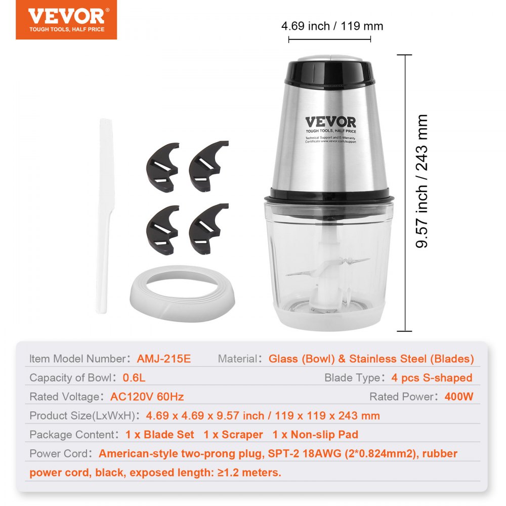 VEVOR Picadora Eléctrica Multifuncional 400 W Picadora de Carne con Bol de Vidrio 600 mL 2,5 Tazas Hoja de Acero Inoxidable con 4 Aletas 2 Velocidades para Frutas Verduras Carne Comida para Bebés