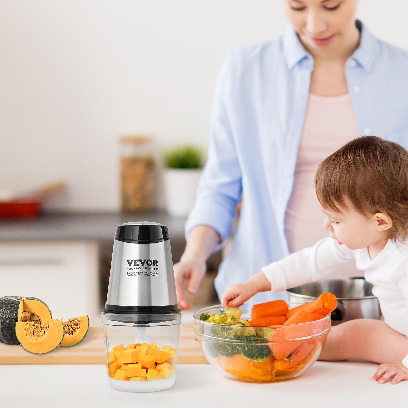 VEVOR Picadora Eléctrica Multifuncional 400 W Picadora de Carne con Bol de Vidrio 600 mL 2,5 Tazas Hoja de Acero Inoxidable con 4 Aletas 2 Velocidades para Frutas Verduras Carne Comida para Bebés