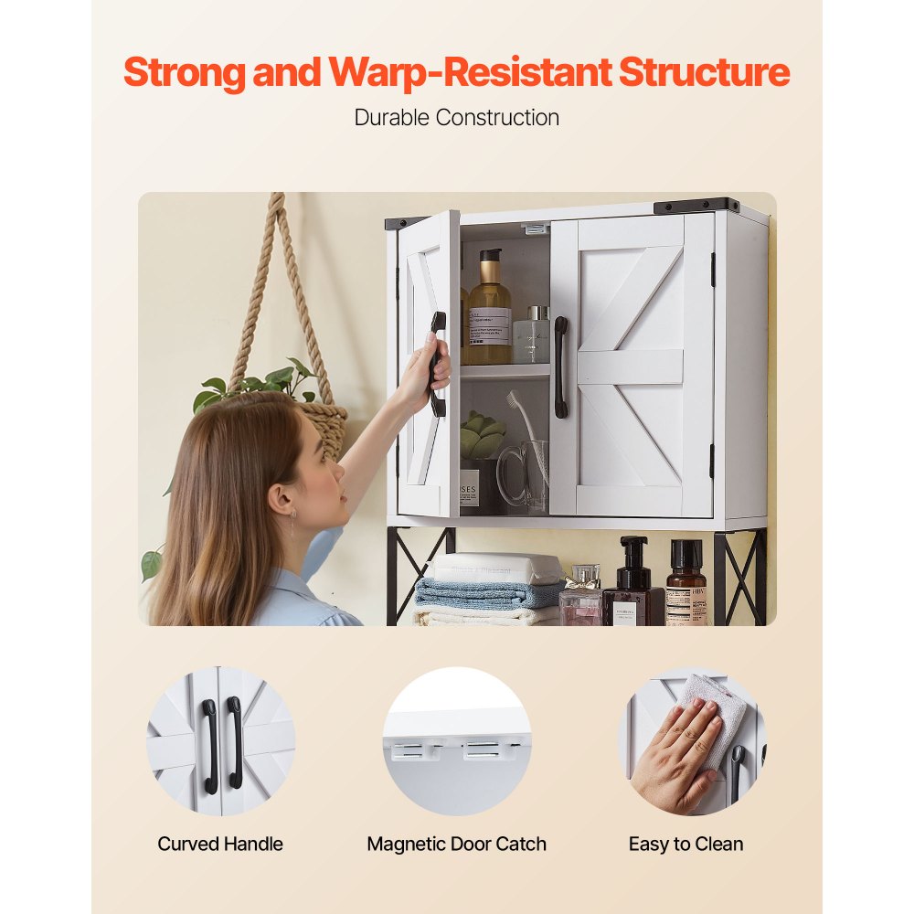 VEVOR Armario de Pared para Baño, con 2 Puertas y Estantes Ajustables, Armario Colgante con Divisor Abierto y Toallero para Cocina, Baño y Lavadero, Resistente a la Torsión, 660 x 495 x 180 mm