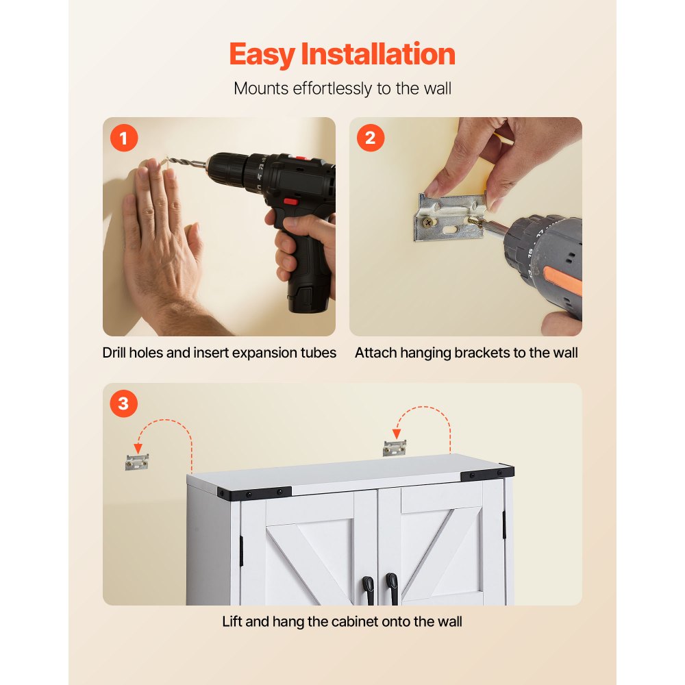 VEVOR Armario de Pared para Baño, con 2 Puertas y Estantes Ajustables, Armario Colgante con Divisor Abierto y Toallero para Cocina, Baño y Lavadero, Resistente a la Torsión, 660 x 495 x 180 mm