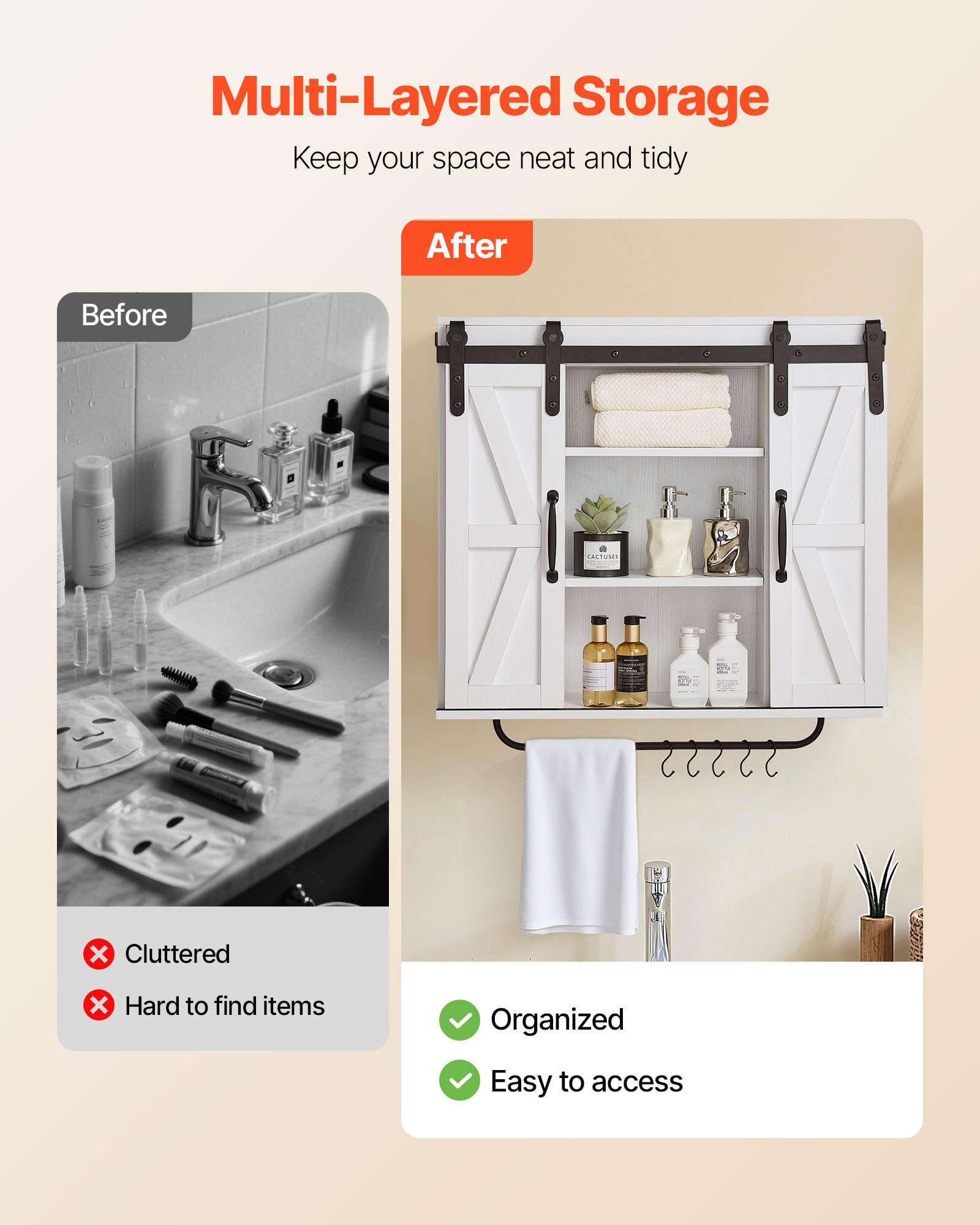 VEVOR Bathroom Wall Cabinet, 2 Doors and Adjustable Shelf, Over the Toilet Storage Medicine Cabinet Wall Mounted, Hanging Organizer with Open Partition/Towel Bar/Hooks for Laundry Room Kitchen, White