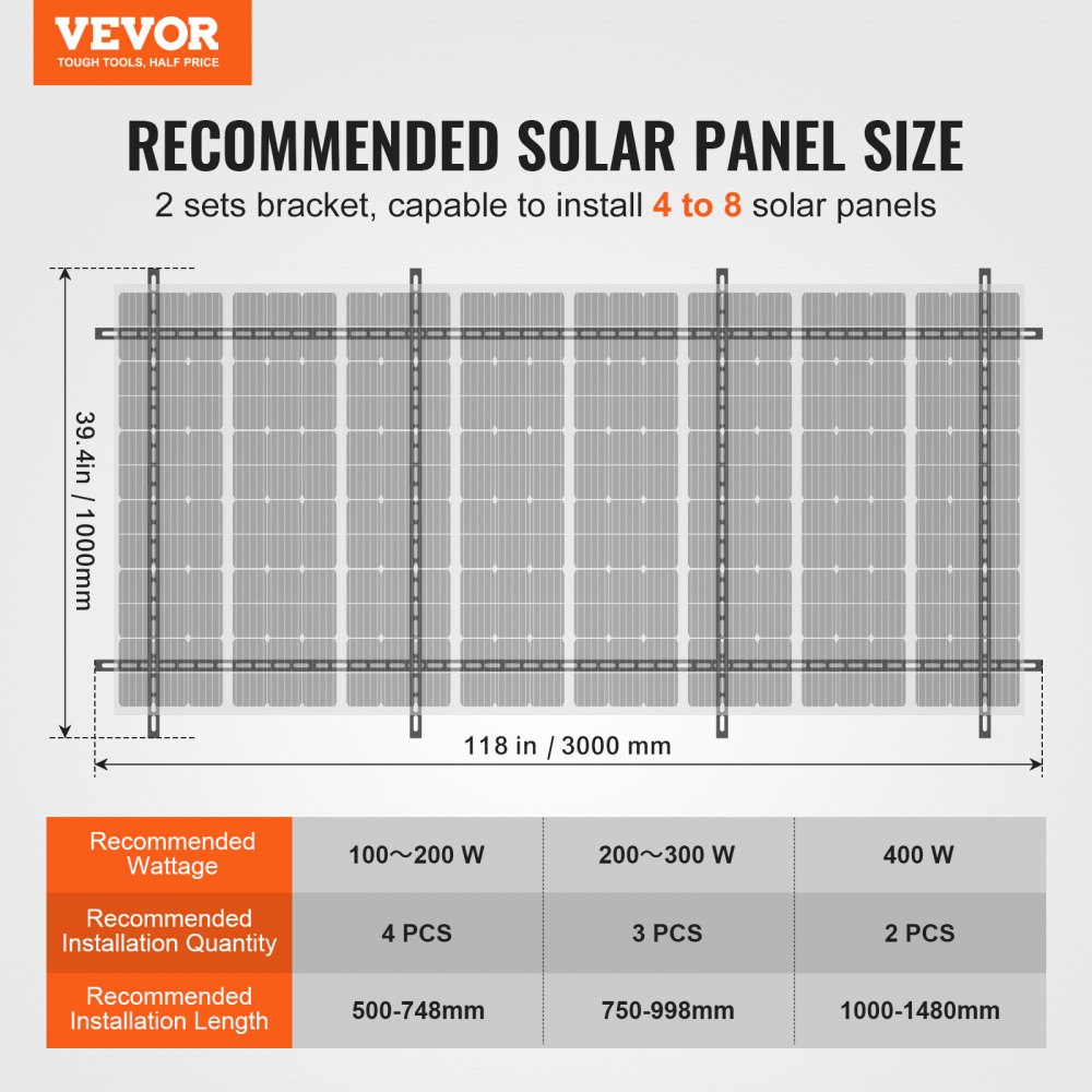 VEVOR Juego de 2 Soportes de Montaje para Paneles Solares de Varias Piezas Ajustables de 30° a 60° para 4-8 Paneles Solares, Acero al Carbono, para Granjas, Vehículos Recreativos, 3000 x 1000 x 800 mm