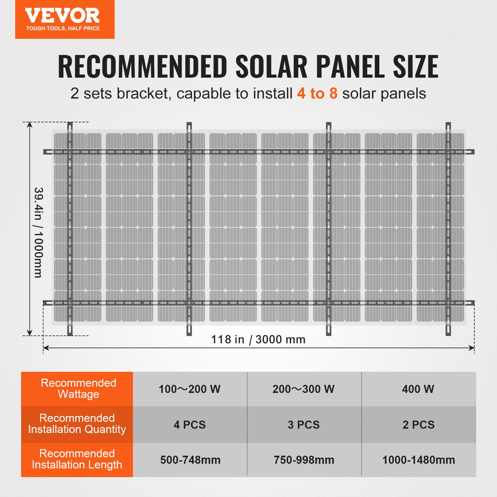 VEVOR Juego de 2 Soportes de Montaje para Paneles Solares de Varias Piezas Ajustables de 30° a 60° para 4-8 Paneles Solares, Acero al Carbono, para Granjas, Vehículos Recreativos, 3000 x 1000 x 800 mm