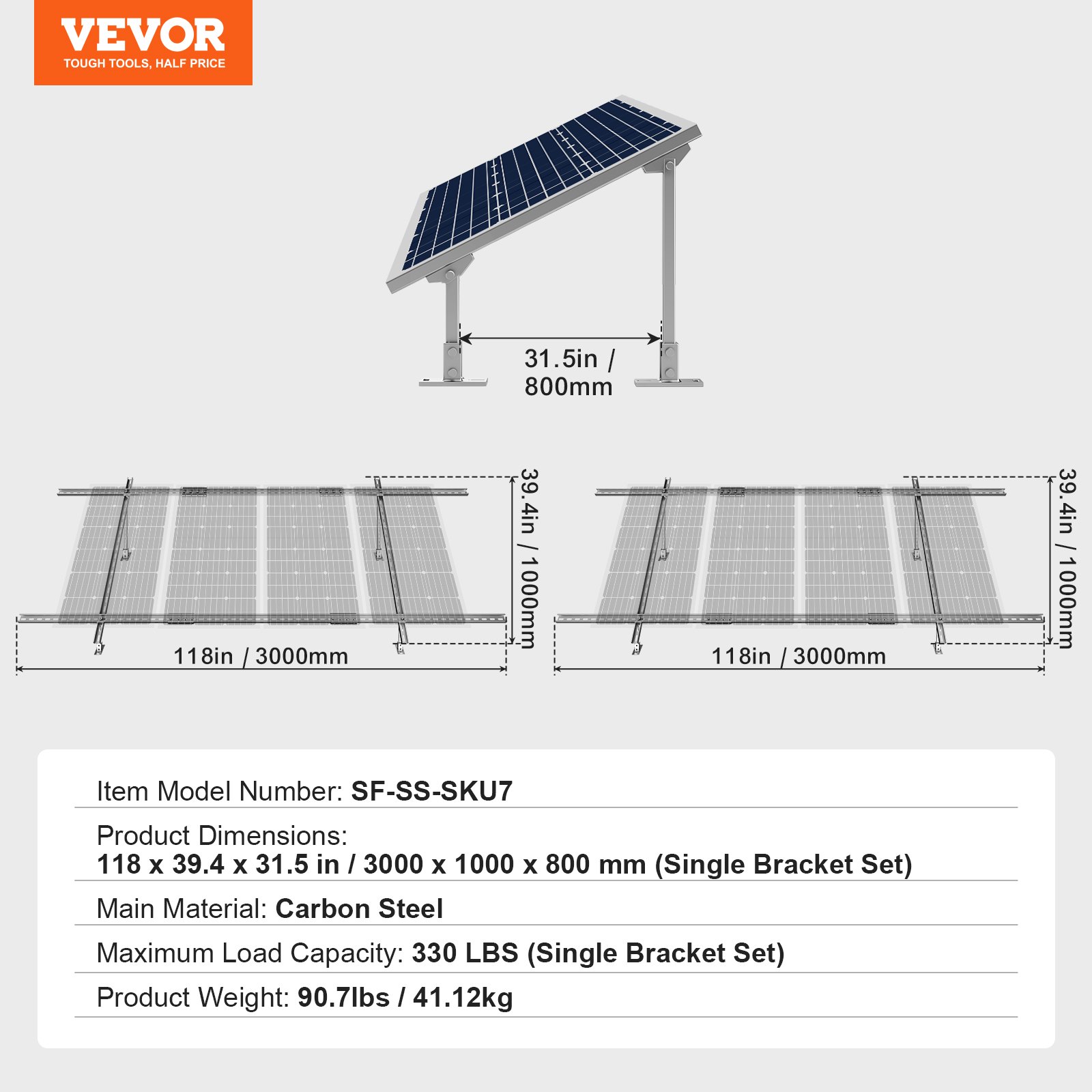VEVOR Juego de 2 Soportes de Montaje para Paneles Solares de Varias Piezas Ajustables de 30° a 60° para 4-8 Paneles Solares, Acero al Carbono, para Granjas, Vehículos Recreativos, 3000 x 1000 x 800 mm