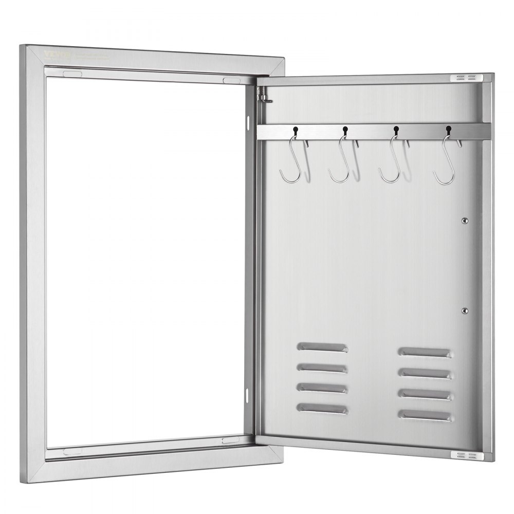 Puerta de acceso para barbacoa VEVOR de acero inoxidable con ganchos, que se abre para revelar ranuras de almacenamiento y ventilación.