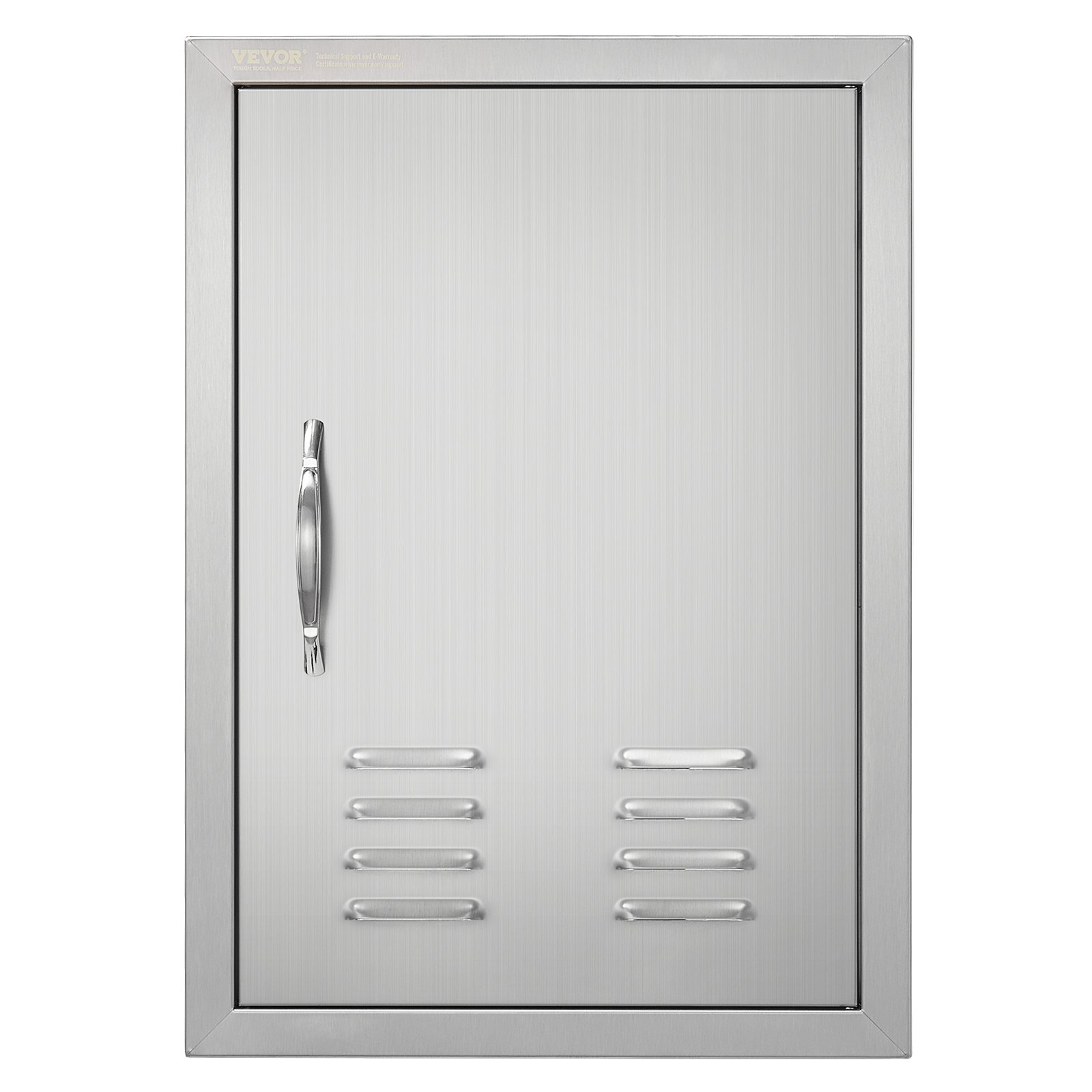 Puerta de acceso para barbacoa VEVOR de acero inoxidable con tirador y ranuras de ventilación.