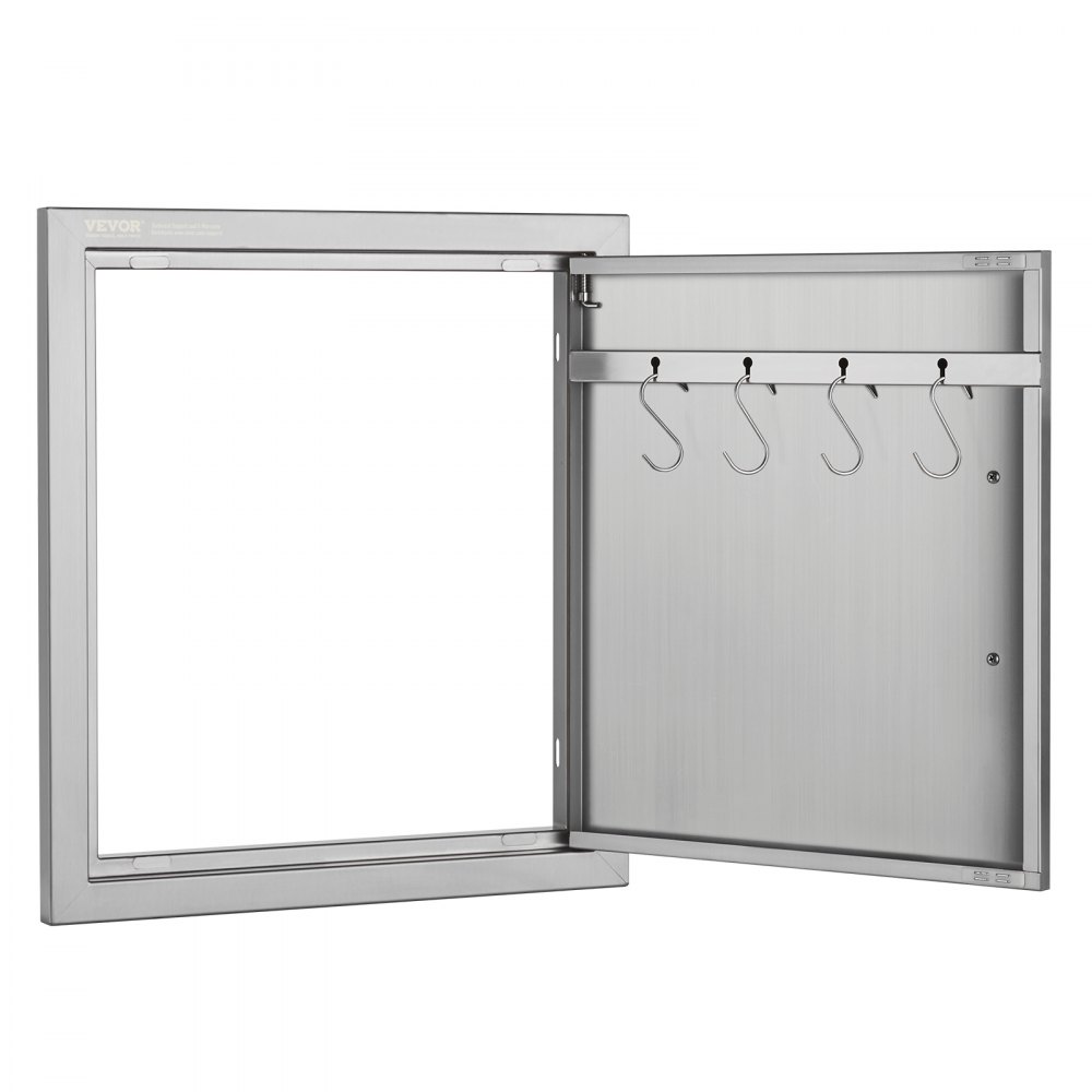 Puerta de acceso para barbacoa VEVOR con acabado en acero inoxidable y múltiples ganchos para herramientas de parrilla.
