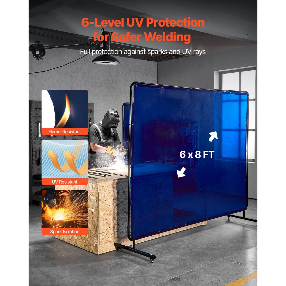 VEVOR Cortina de Soldadura, 1740 x 2340 mm, Pantalla de Soldadura de Vinilo Ignífugo con Ruedas Giratorias Bloqueables y 6 Niveles de Protección UV para Lugares de Trabajo al Aire Libre, Azul