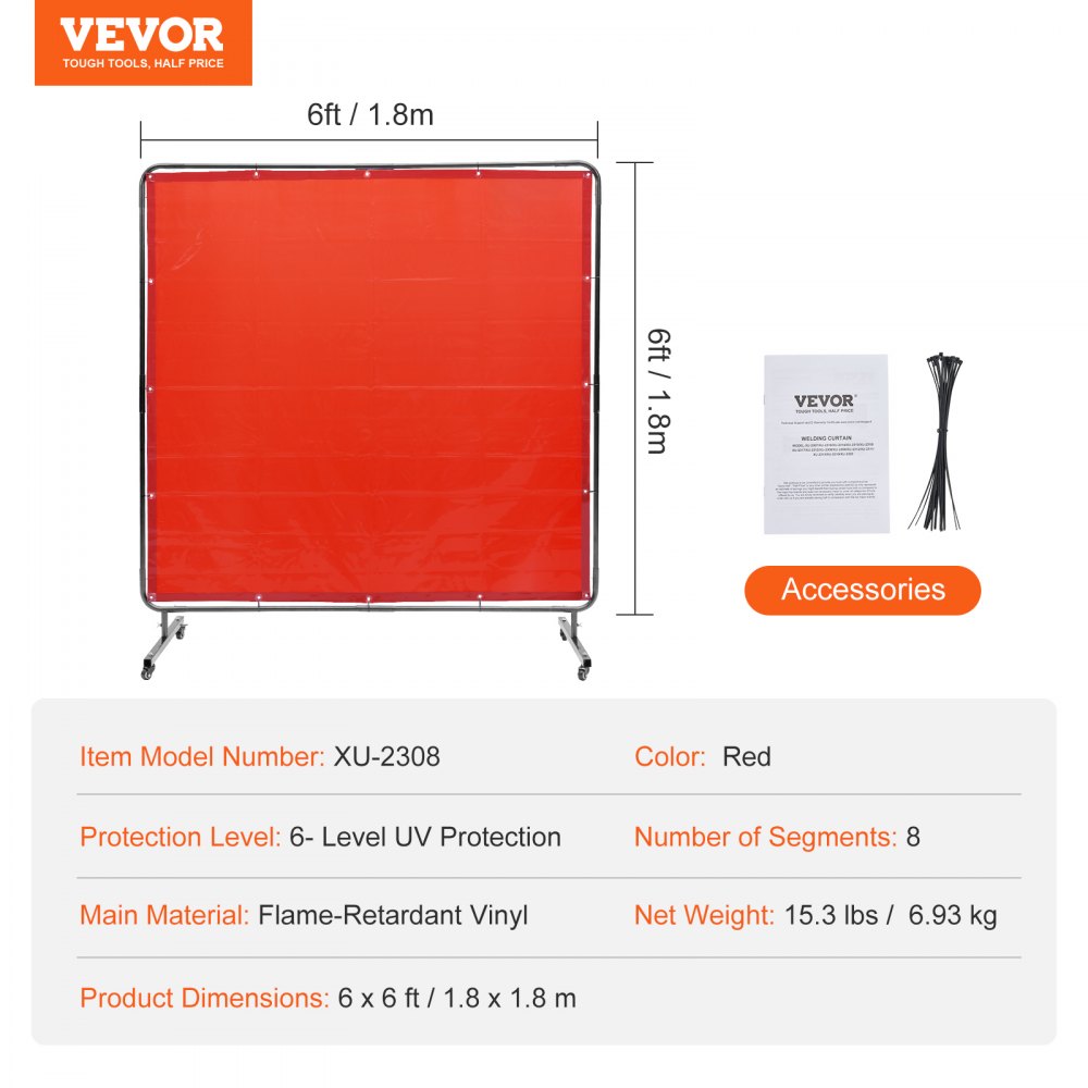 VEVOR Cortina de Soldadura con Marco, 1,8x1,8 m Pantalla de Protección de Soldadura de Vinilo Ignífugo con 4 Ruedas Giratorias 2 Bloqueables, Cortina Móvil Profesional para Taller, Industria, Rojo