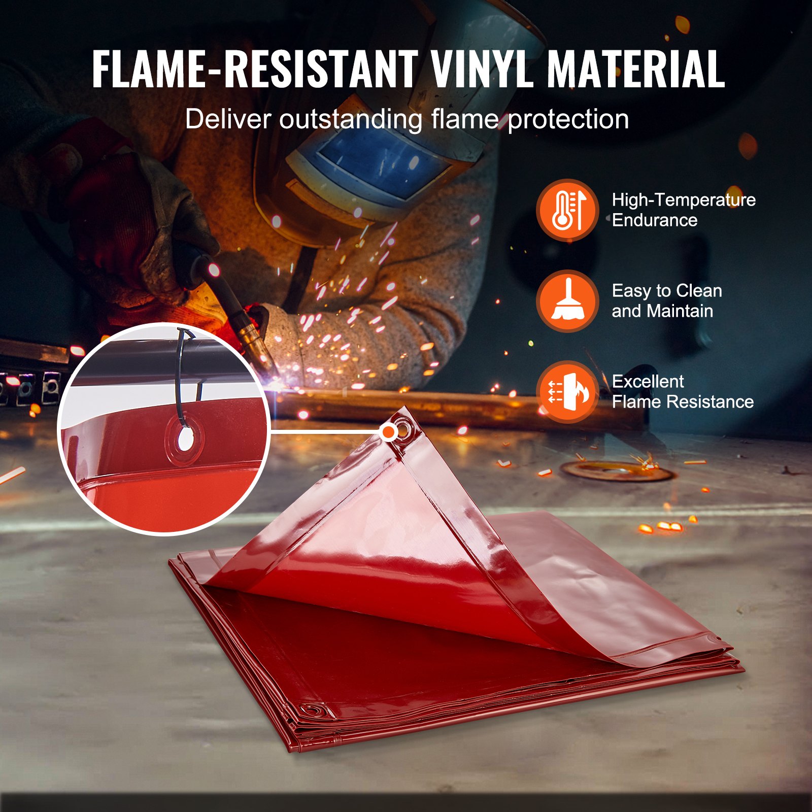 VEVOR Cortina de Soldadura con Marco, 1,8x1,8 m Pantalla de Protección de Soldadura de Vinilo Ignífugo con 4 Ruedas Giratorias 2 Bloqueables, Cortina Móvil Profesional para Taller, Industria, Rojo