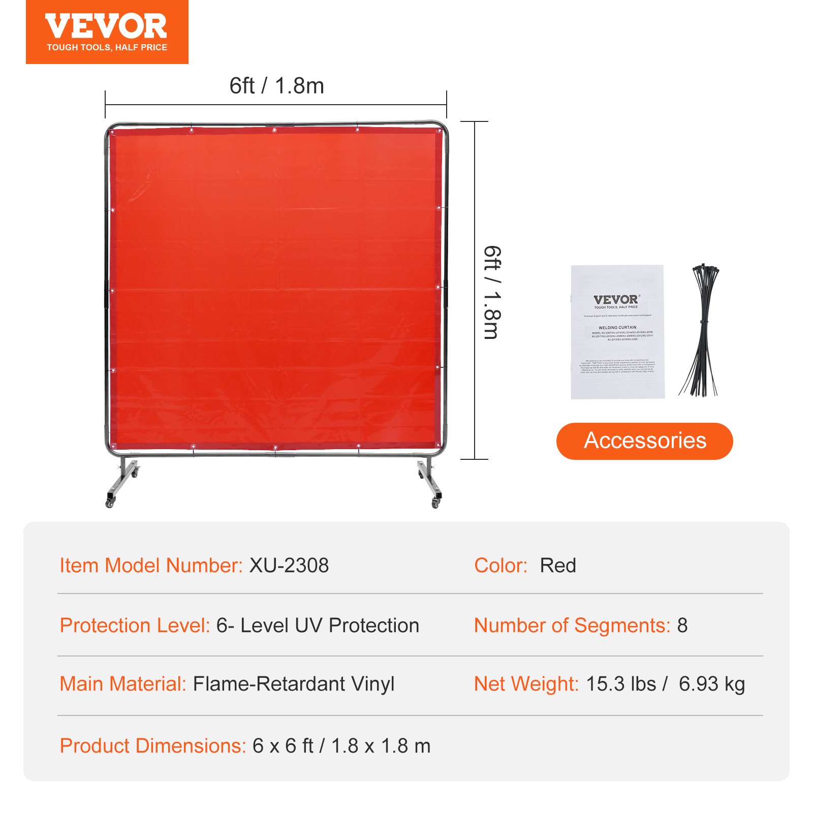 VEVOR Cortina de Soldadura con Marco, 1,8x1,8 m Pantalla de Protección de Soldadura de Vinilo Ignífugo con 4 Ruedas Giratorias 2 Bloqueables, Cortina Móvil Profesional para Taller, Industria, Rojo
