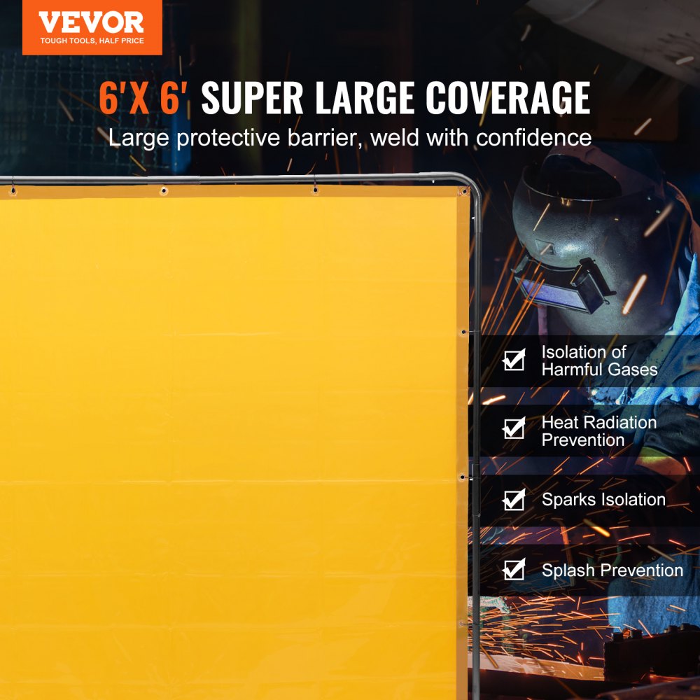 VEVOR Cortina de Soldadura con Marco, 1,8x1,8 m Pantalla de Protección de Soldadura de Vinilo Ignífugo con 4 Ruedas Giratorias 2 Bloqueables, Cortina Móvil Profesional para Taller, Industria, Amarillo