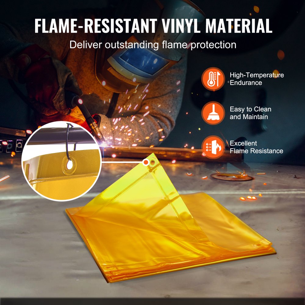 VEVOR Cortina de Soldadura con Marco, 1,8x1,8 m Pantalla de Protección de Soldadura de Vinilo Ignífugo con 4 Ruedas Giratorias 2 Bloqueables, Cortina Móvil Profesional para Taller, Industria, Amarillo