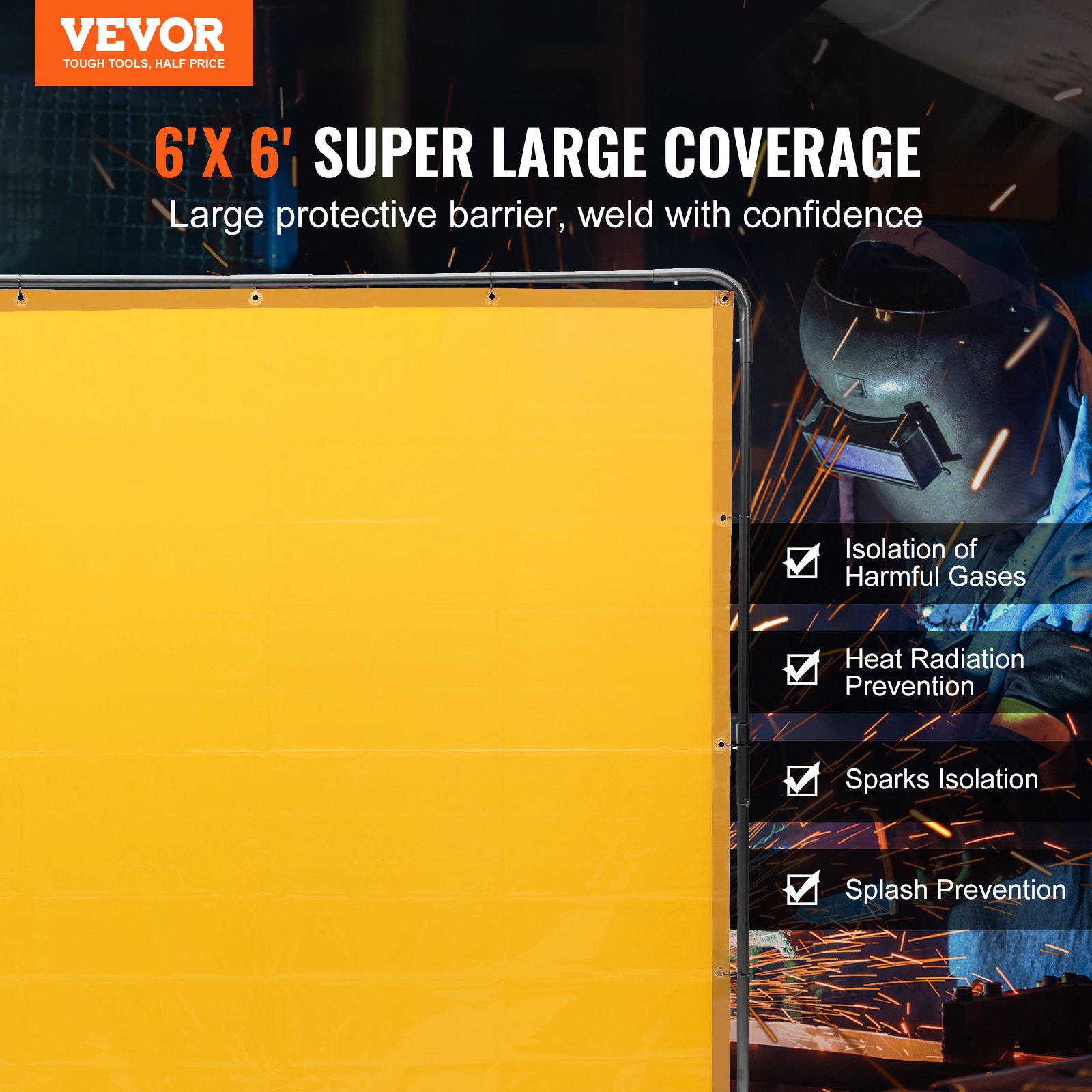 VEVOR Cortina de Soldadura con Marco, 1,8x1,8 m Pantalla de Protección de Soldadura de Vinilo Ignífugo con 4 Ruedas Giratorias 2 Bloqueables, Cortina Móvil Profesional para Taller, Industria, Amarillo