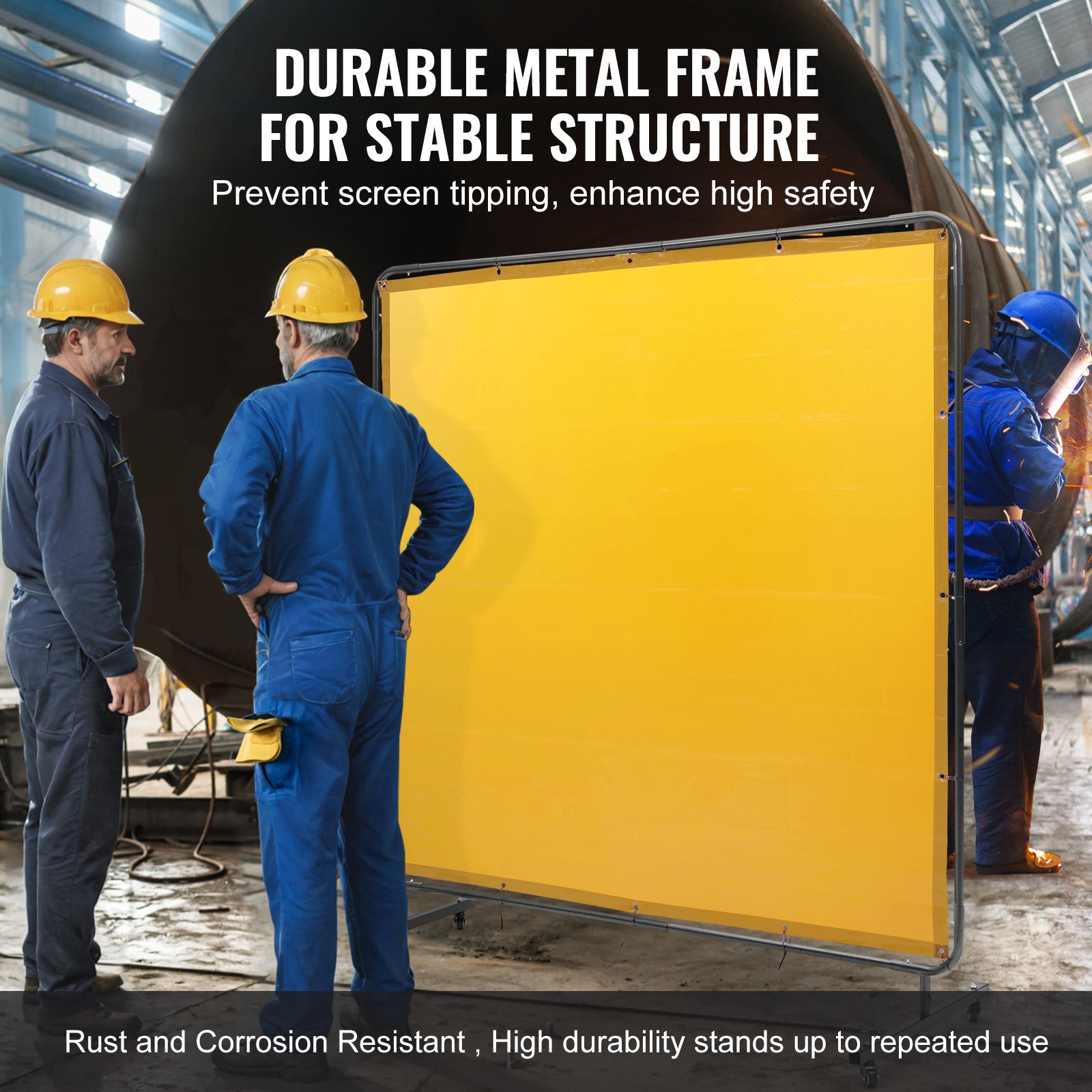 VEVOR Cortina de Soldadura con Marco, 1,8x1,8 m Pantalla de Protección de Soldadura de Vinilo Ignífugo con 4 Ruedas Giratorias 2 Bloqueables, Cortina Móvil Profesional para Taller, Industria, Amarillo