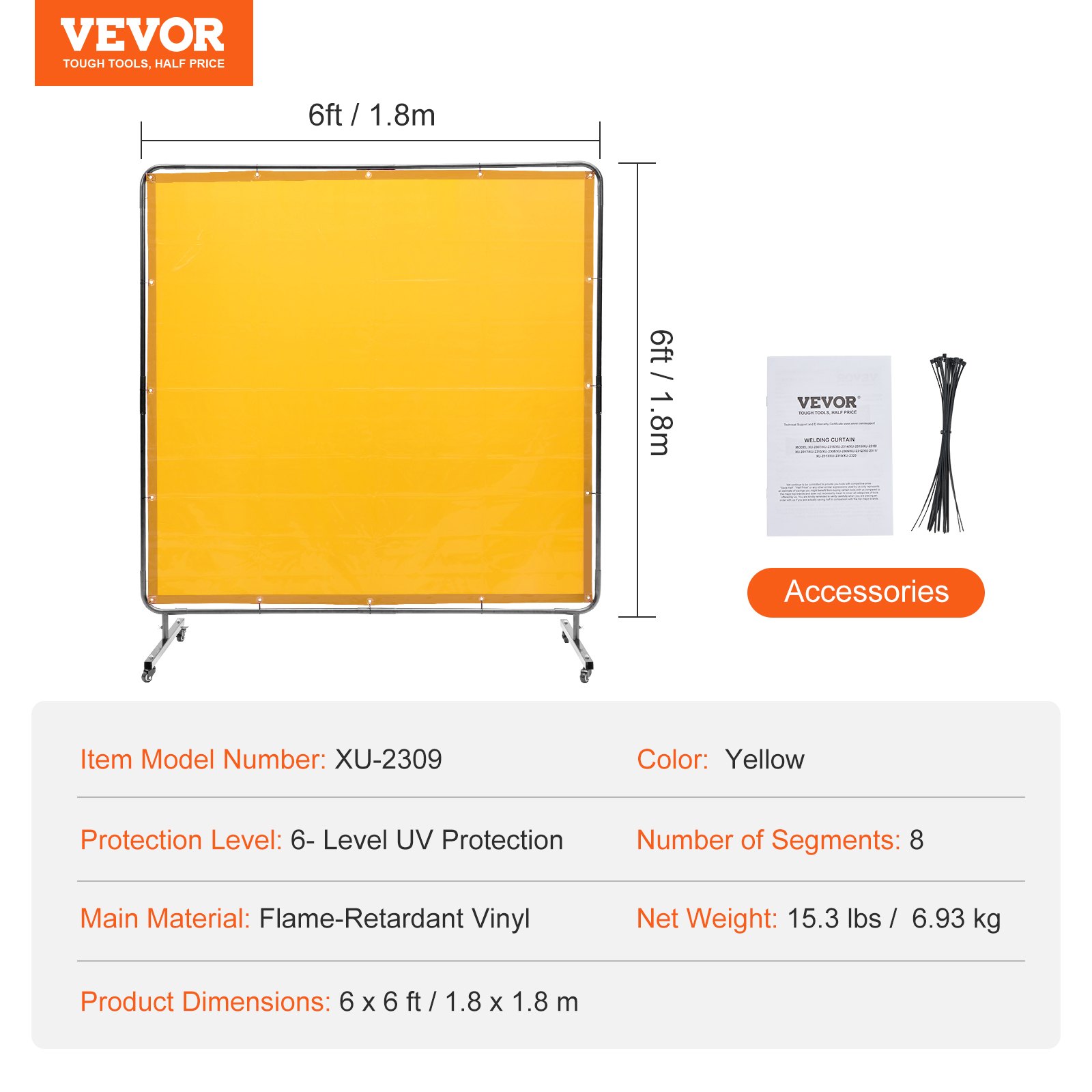 VEVOR Cortina de Soldadura con Marco, 1,8x1,8 m Pantalla de Protección de Soldadura de Vinilo Ignífugo con 4 Ruedas Giratorias 2 Bloqueables, Cortina Móvil Profesional para Taller, Industria, Amarillo