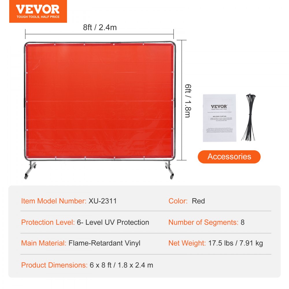 VEVOR Cortina de Soldadura con Marco, 1,8x2,4m Pantalla de Protección de Soldadura de Vinilo Ignífugo con 4 Ruedas Giratorias 2 Bloqueables, Cortina Móvil Profesional para Taller, Industria, Rojo