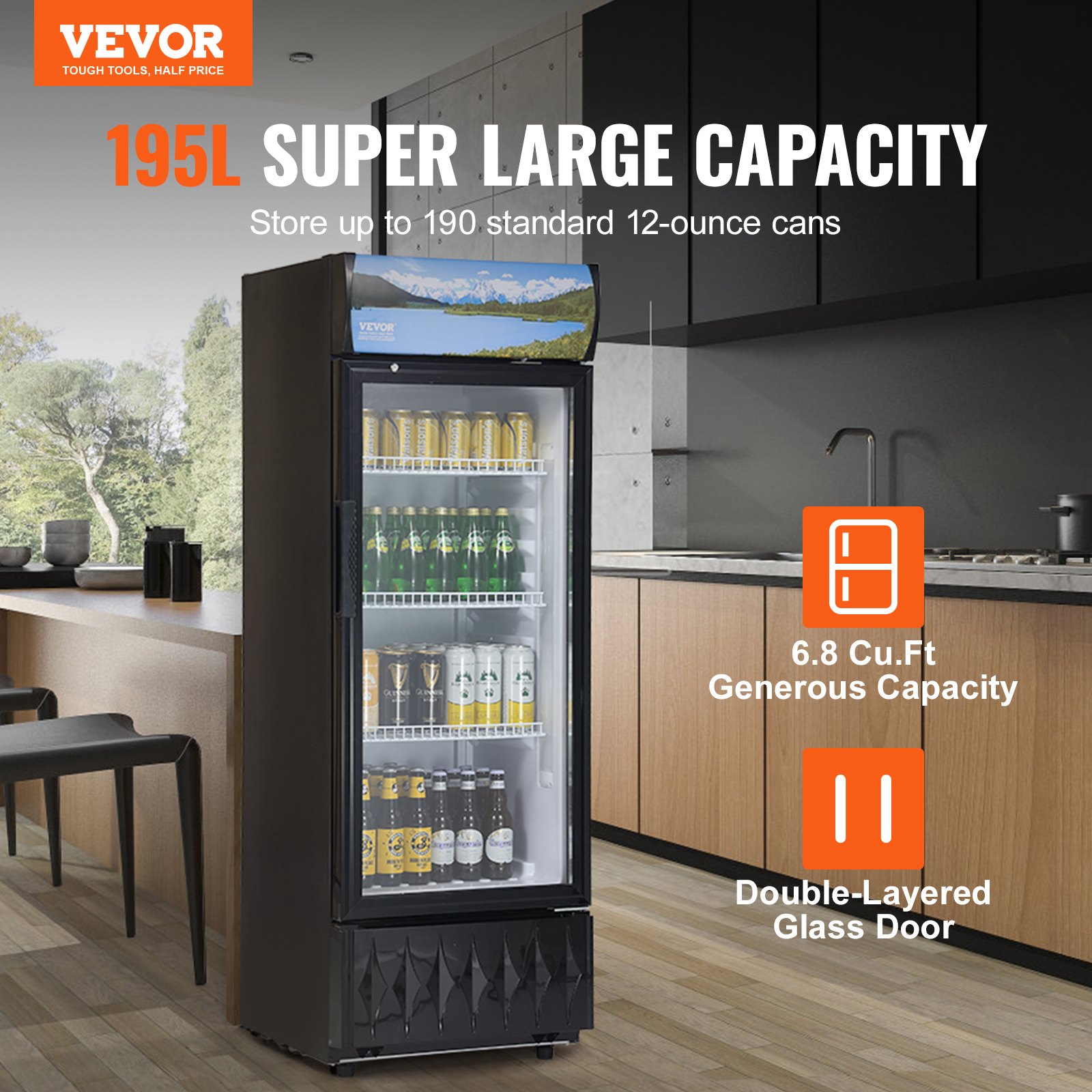 VEVOR Refrigerador de Bebidas Comercial 195 L Refrigerador Vitrina Temperatura 0-10 °C Gabinete de Bebidas Refrigerado 3 Estantes Ajustables y Caja de Luz Personalizable para Tienda Supermercado Bar