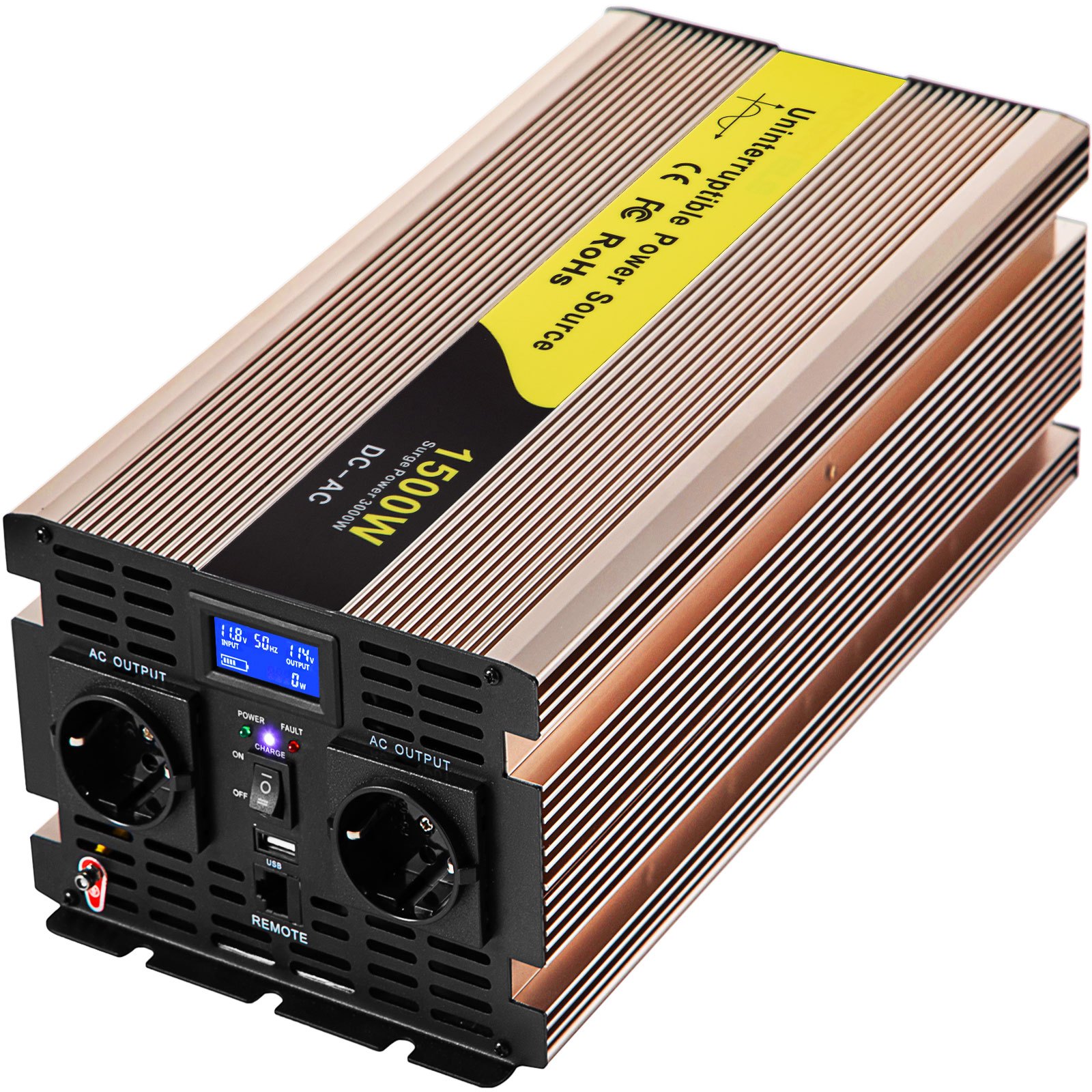 Vevor Inversor De Corriente Onda Sinusoidal Pura 1500w 12v Dc A 220v/230v Ac Lcd