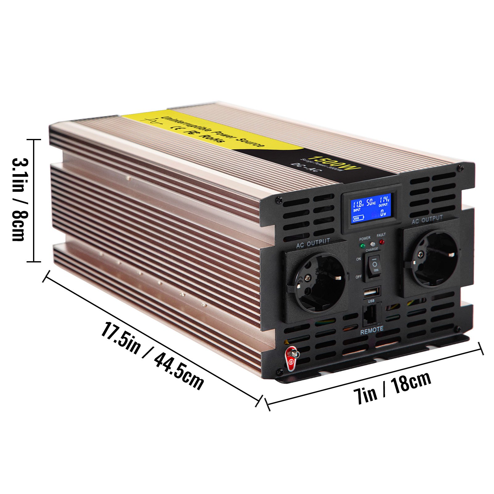 Vevor Inversor De Corriente Onda Sinusoidal Pura 1500w 12v Dc A 220v/230v Ac Lcd