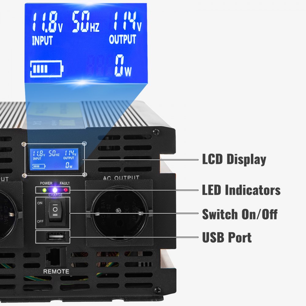 Vevor Inversor De Corriente Coche 12v Dc A 220v/230v Ac 2500w Control Remoto Lcd