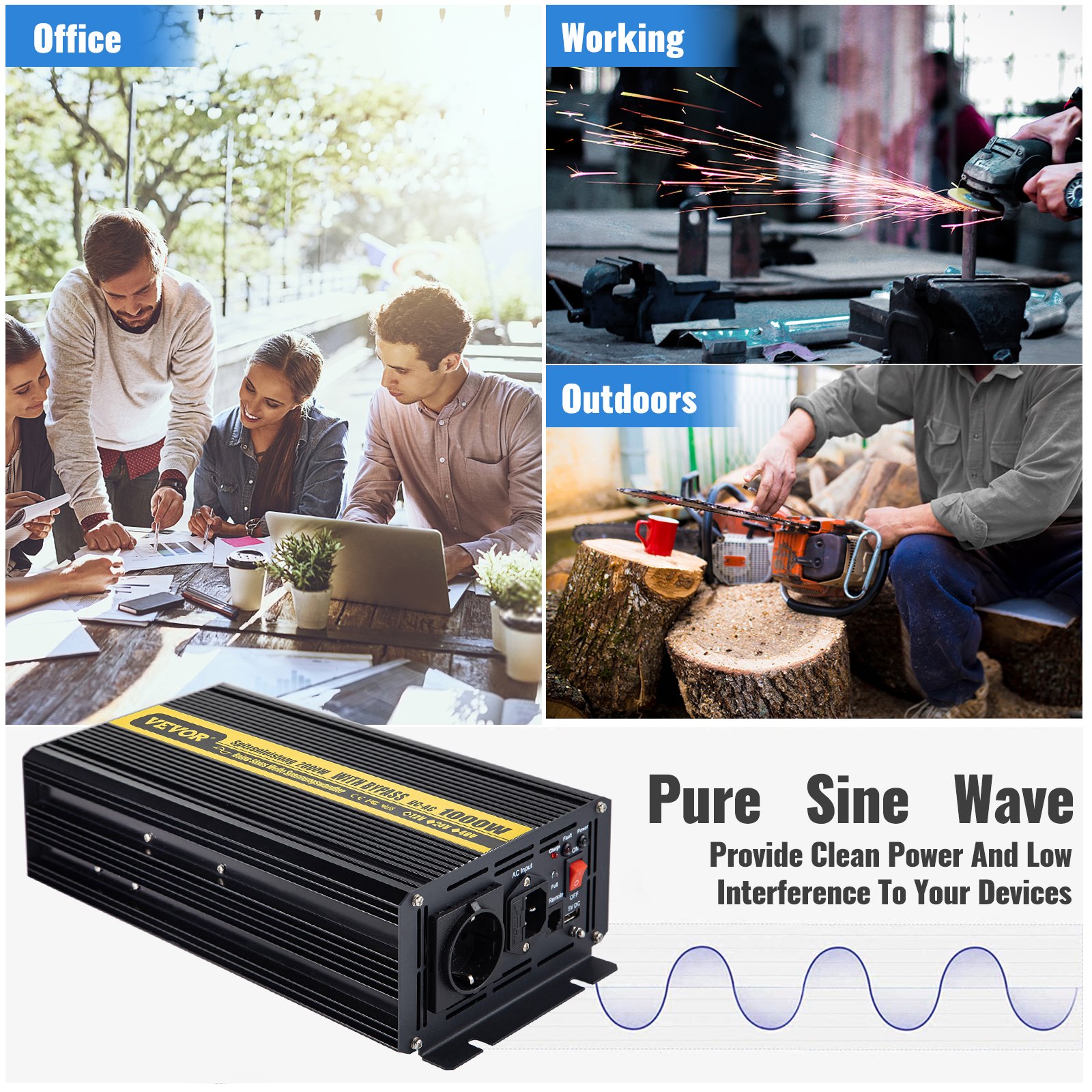 Vevor Inversor De Corriente Coche 12v Dc A 220v/230v Ac 1000w Control Remoto Lcd