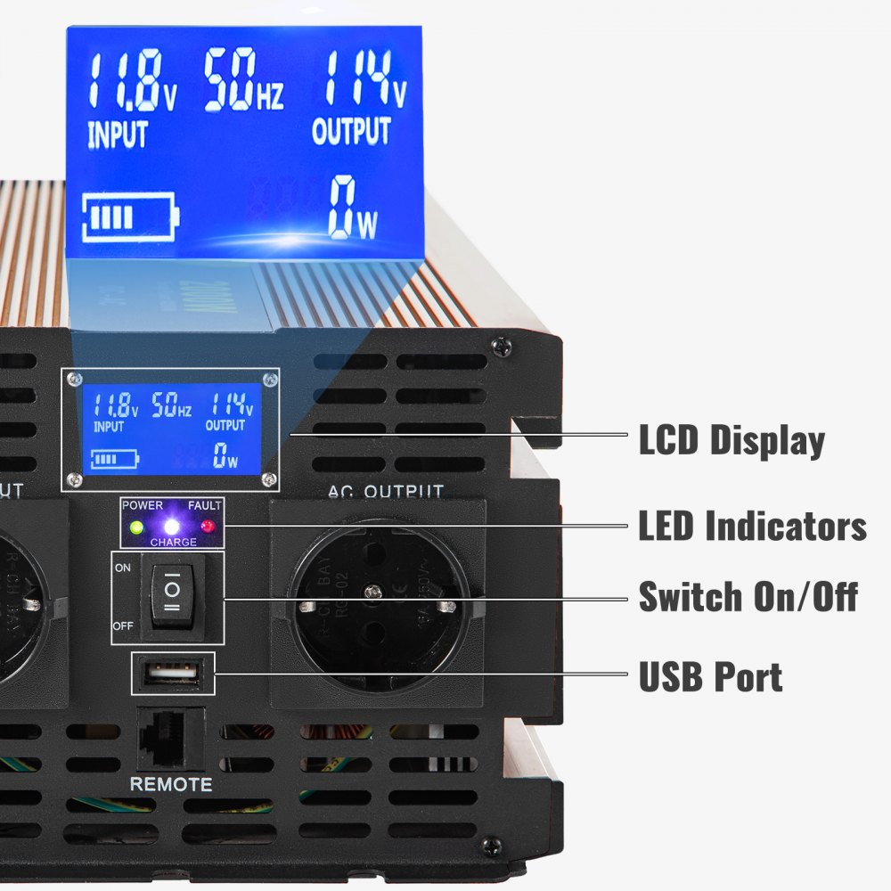 Vevor Inversor De Corriente Coche 12v Dc A 220v/230v Ac 2000w Control Remoto Lcd