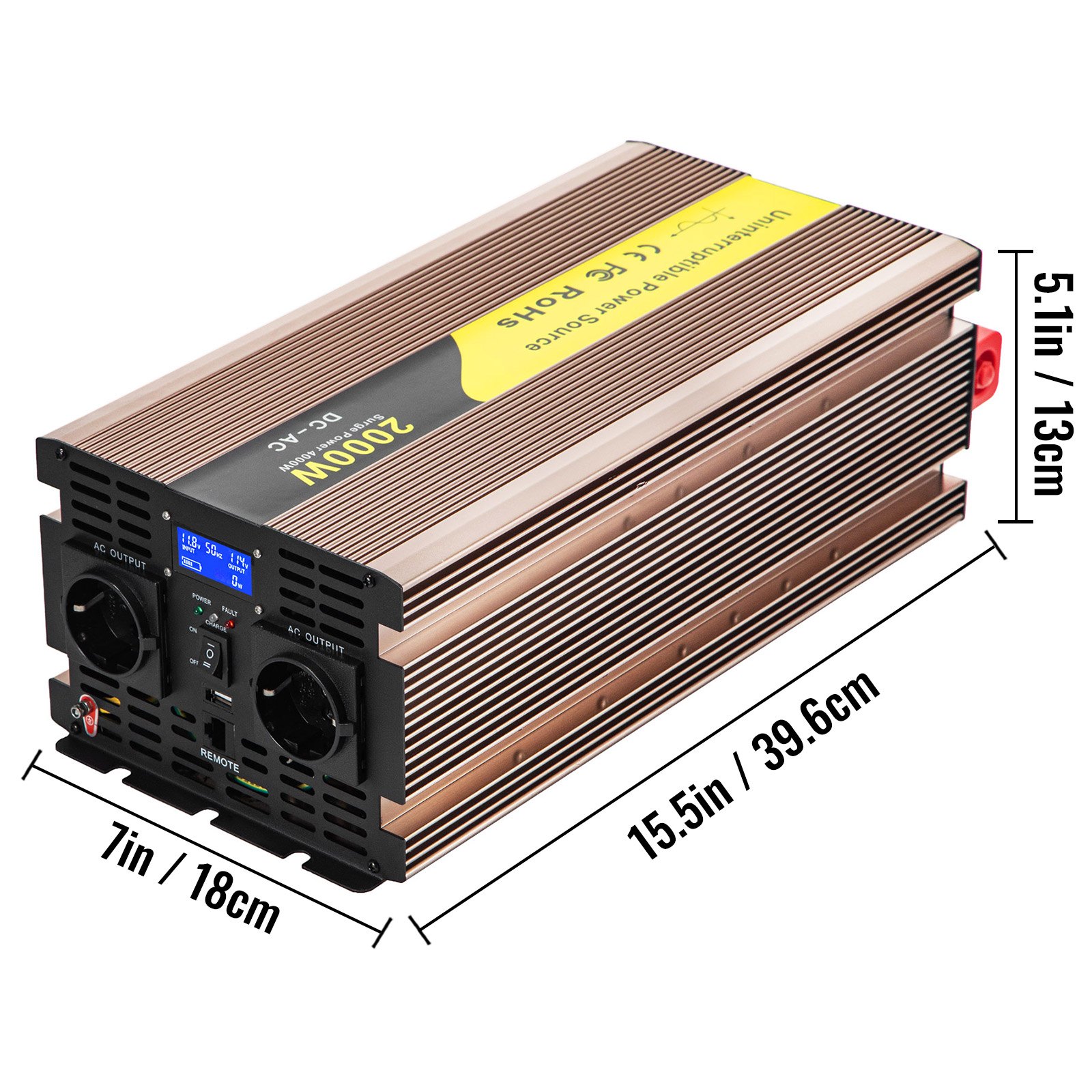 Vevor Inversor De Corriente Coche 12v Dc A 220v/230v Ac 2000w Control Remoto Lcd