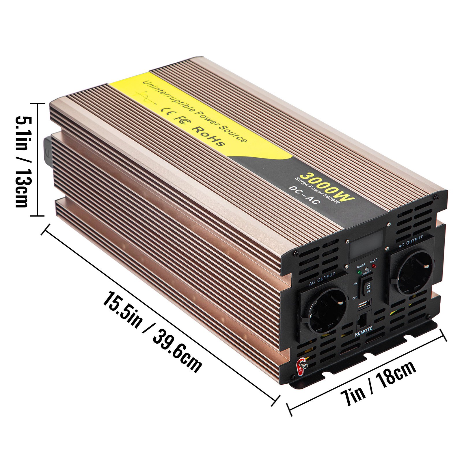 Vevor Inversor De Corriente Coche 12v Dc A 220v/230v Ac 3000w Control Remoto Lcd